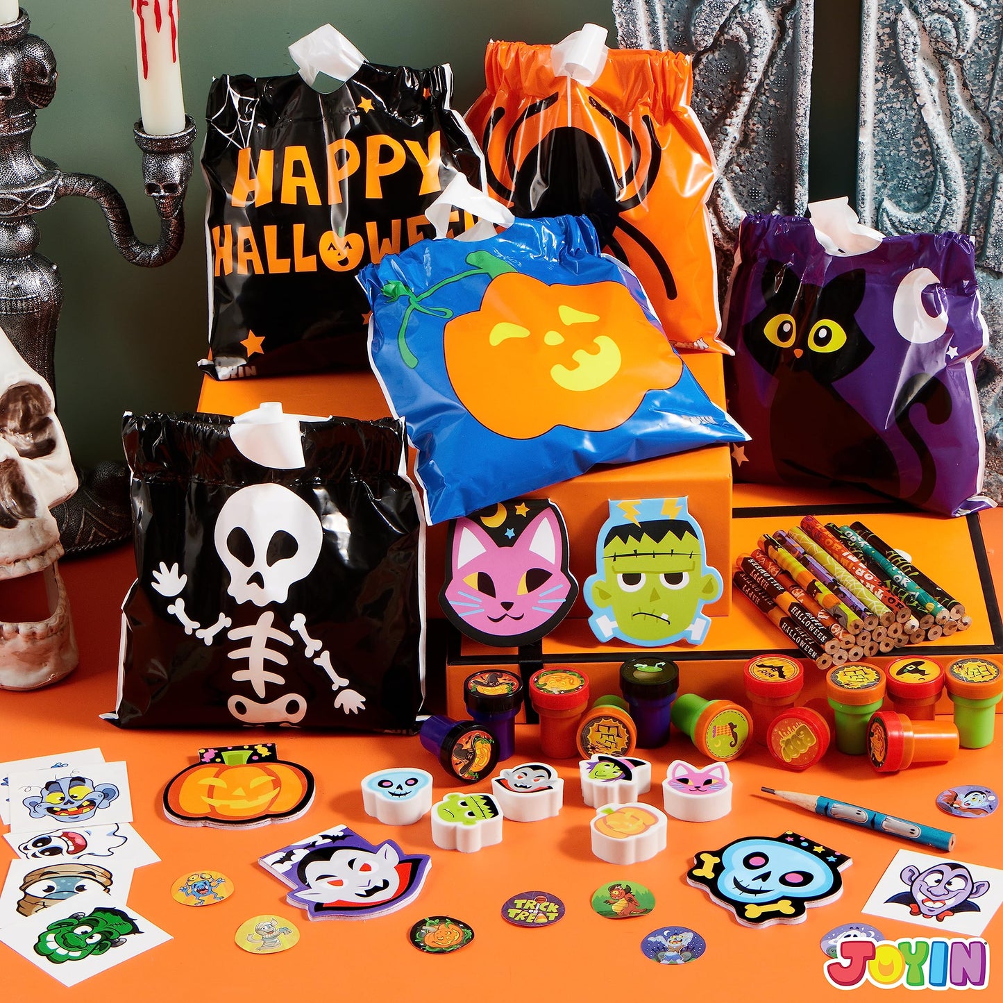 SYNCFUN 168 Packs Halloween Stationery Party Favors,Halloween Gifts for Kids,Halloween Goodies Including Halloween Trick or Treat Bags,Notepads,Stamps,Pencils,Stickers and Tattoos