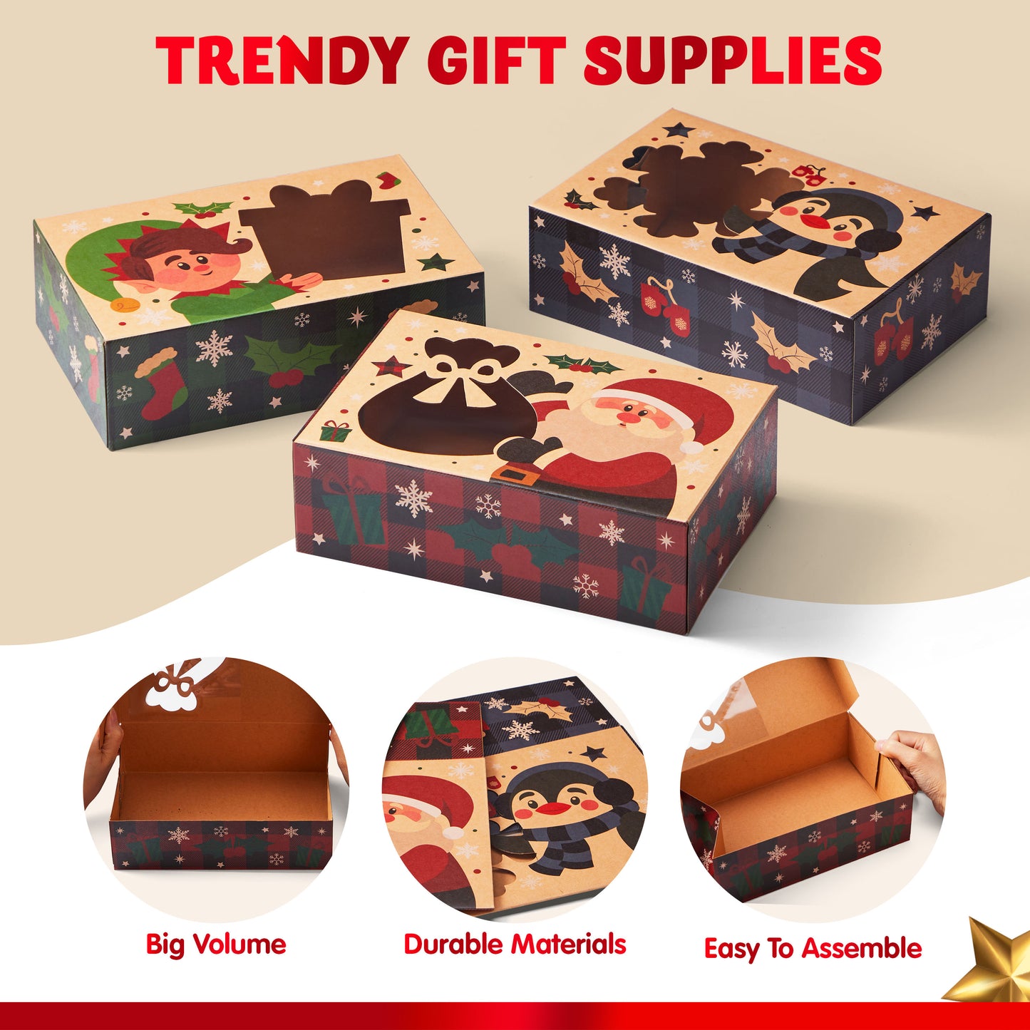 SYNCFUN 24 Pcs Christmas Cookie Boxes with Window, 8.5" x 5.75" x 2.75" Colorful Patterns Hollowed Out Kraft Bakery Gift Box for Holiday, Pastries, Cupcakes, Brownies, Donuts Gift-Giving