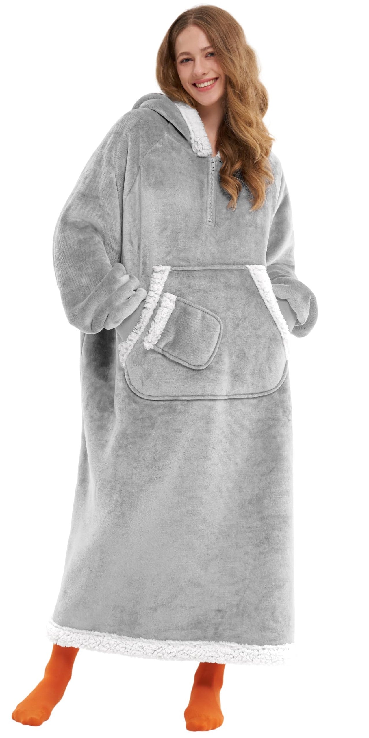 Joyfy Wearable Blanket Hoodie, Long Hooded Blanket Sweatshirt, Oversize Hoodie for Women and Men,Clothing Gift for Women Men Mom Dad,Giant Hood Pocket and Sleeves for AdultGrey,Oversize