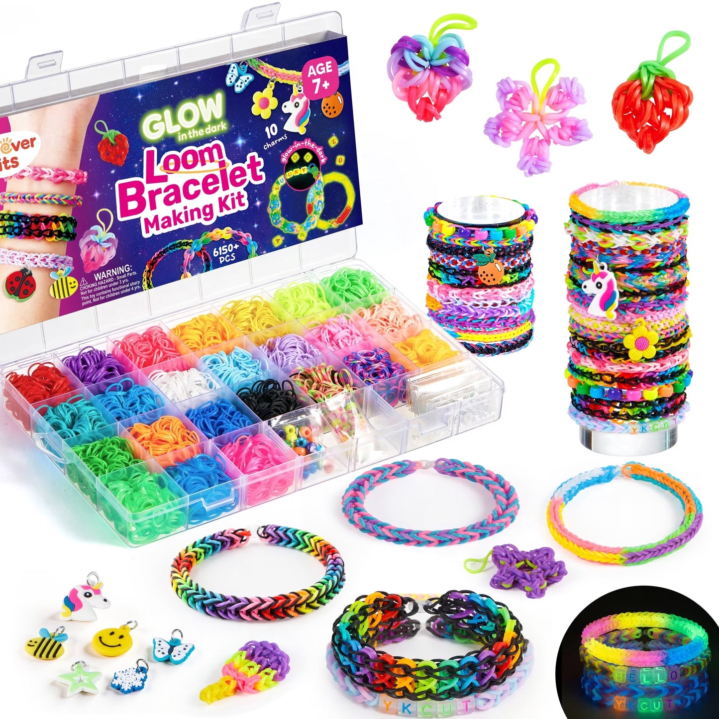 Klever Kits Glow-in-the-Dark Rubber Band Bracelet Making Kit, 6150+ Piece DIY Loom Craft Set with Organizer Box, Gifts for Girls Ages 7+