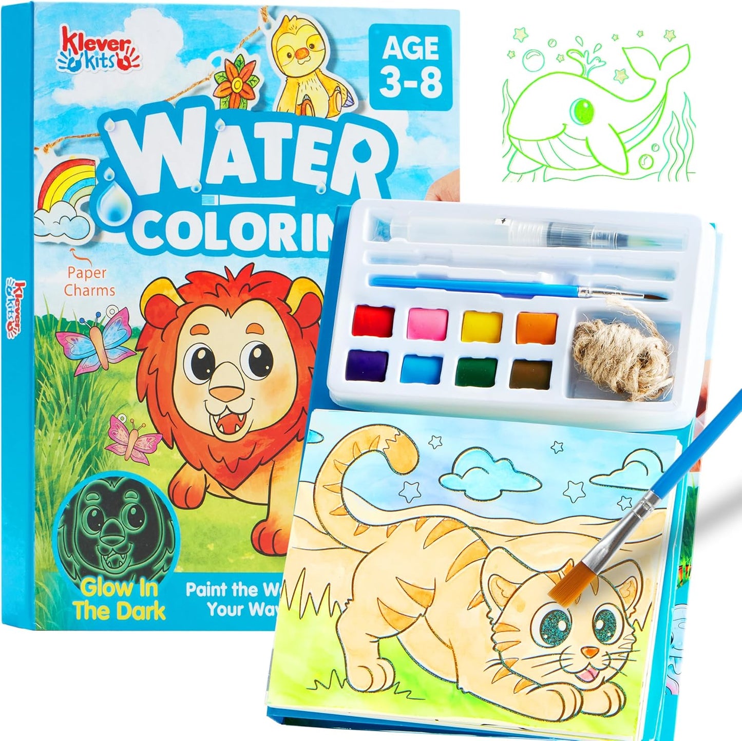 Klever Kits 35-Page Water Coloring Book Set, Mess-Free Painting with Animals, Ocean and Forest Themes, Includes Glow-in-the-Dark Designs and 3 Brushes