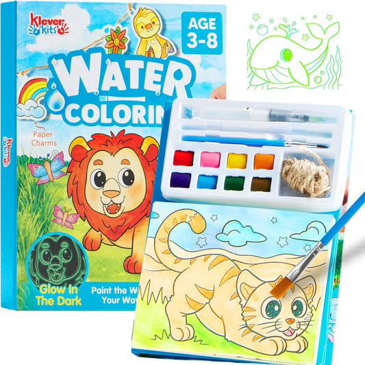Klever Kits 35-Page Water Coloring Book Set, Mess-Free Painting with Animals, Ocean and Forest Themes, Includes Glow-in-the-Dark Designs and 3 Brushes