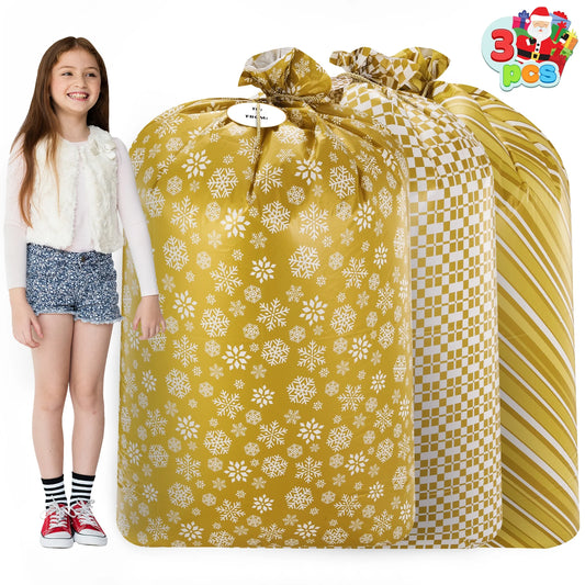 Joyfy 3 Pcs 56”x36”Jumbo Christmas Gift Bag Parties Gold for Xmas Large Holiday Plastic Gift Bag Christmas Decorations Carry-on Luggage Large Toys and Stuffed Animals