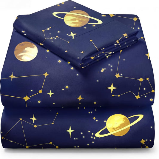 3 Piece Microfiber Kids Twin Sheet Set Blue Starry -Deep Pocket Wrinkle Free Cozy Toddler Bedding Set - Fade Resistant Breathable for Boys Girls Teens
