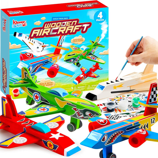 Klever Kits 4 Piece Wooden Aircrafts Building & Painting Art Kit for Kids, DIY Airplane Toys Birthday Gift for Boys Ages 6+
