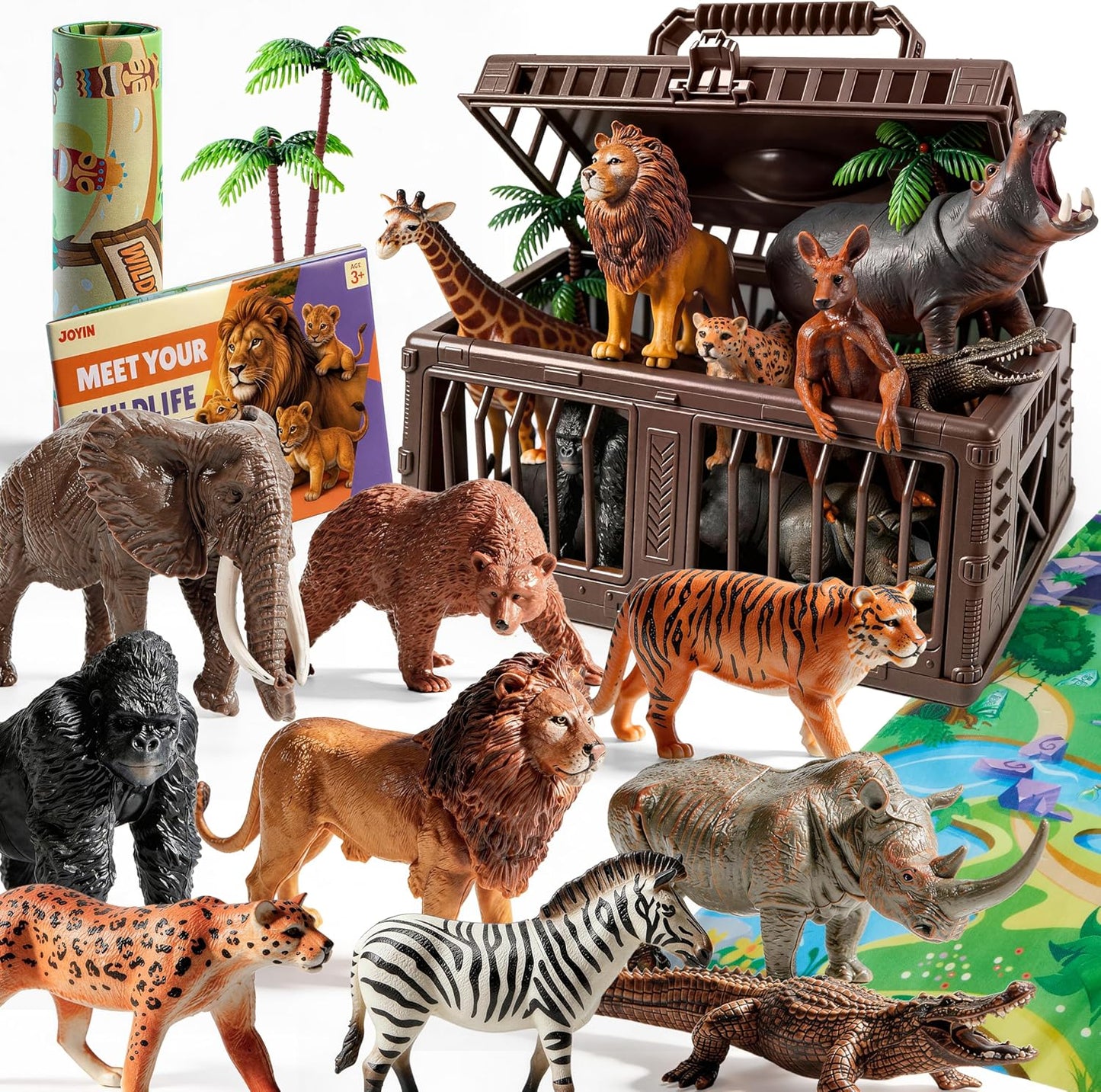 Joyfy 17 Pieces Educational Jungle Wild Animal Figurines for Kids 3-5, Safari Toy Animals Complete Kit with Activity Play Mat, Storage Cage & Learning Book, Gift for Toddler Boys Girls