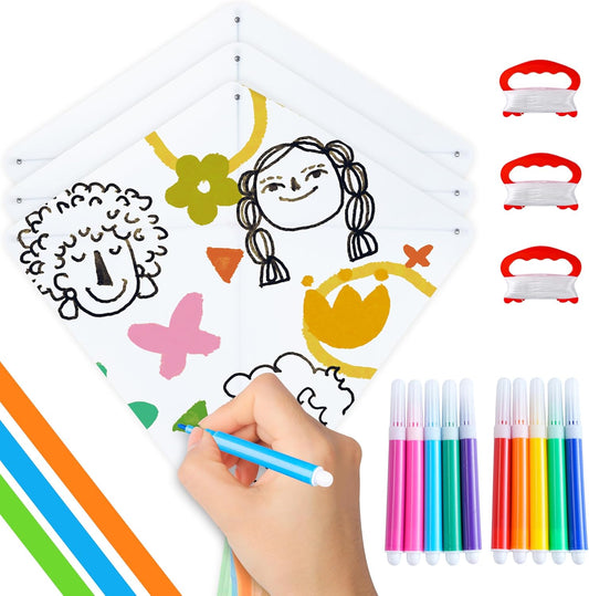 Joyfy DIY Diamond Kites, 3Pack Kites with 10 Color Markers, Kids Making Craft Kits for Outdoor Fun and Activities