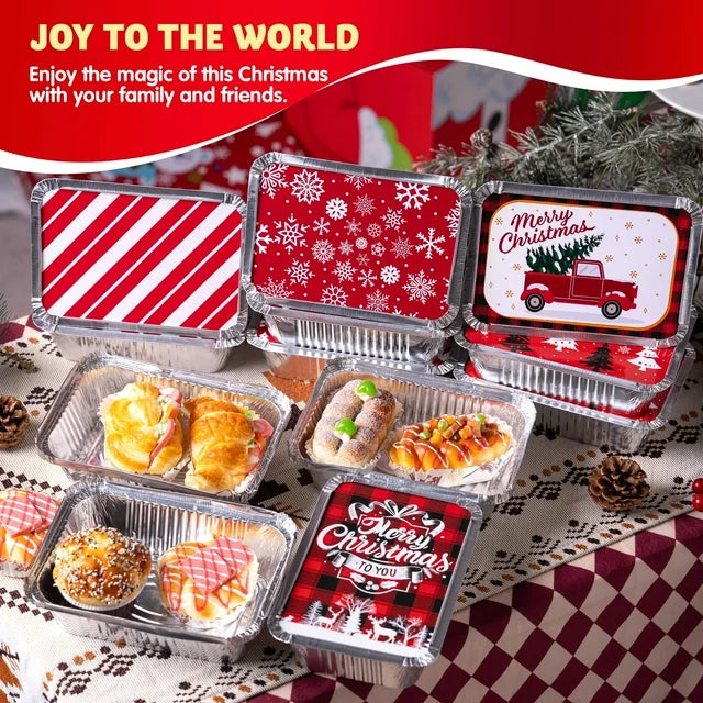 SYNCFUN 36 Pcs Christmas Foil Containers with Lids, 7"x5"x2" Rectangular Treat Foil Containers, Disposable Food Containers for Holiday Baking, Cooking, Heating, Storing, Prepping Food