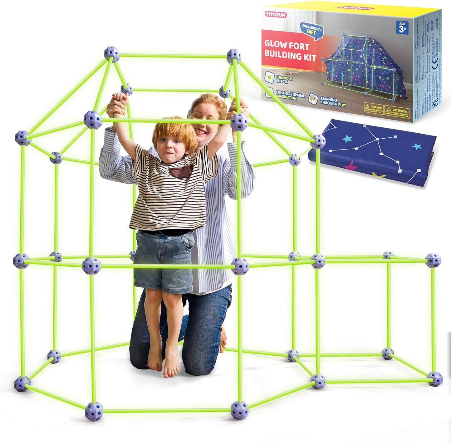 SYNCFUN Fort Building Kit for Kids, Glow in The Dark Creative Construction Toy Kids Tunnel DIY STEM Toy Birthday Gift for Boys and Girls Aged 4-12