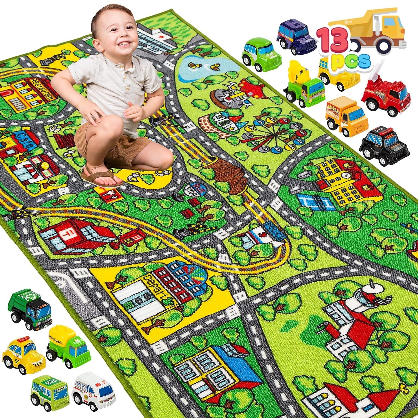 Joyfy Kids Car Play Rug for Playroom, Car Play Mat for Toddlers,Durable Car Carpet for Community Pretend Play