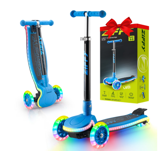 ZIFFY 3-Wheel Light-Up Kids Scooter for Kids 3-5, Stability - Up to 110LBS, 4 Adjustable Height, Anti-Slip Wide Deck Ride with 20 Dynamic LED Lights for Boys and Girls, Blue