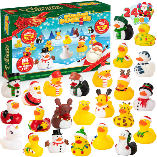 Christmas 24 Days Advent Calendar 2024, 24 Rubber Ducks for Boys Girls Kids and Toddlers, Christmas Party Favor Gifts, Halloween Rubber Ducky Bath Toys, Kids Xmas Fun Ducks, Christmas Countdown