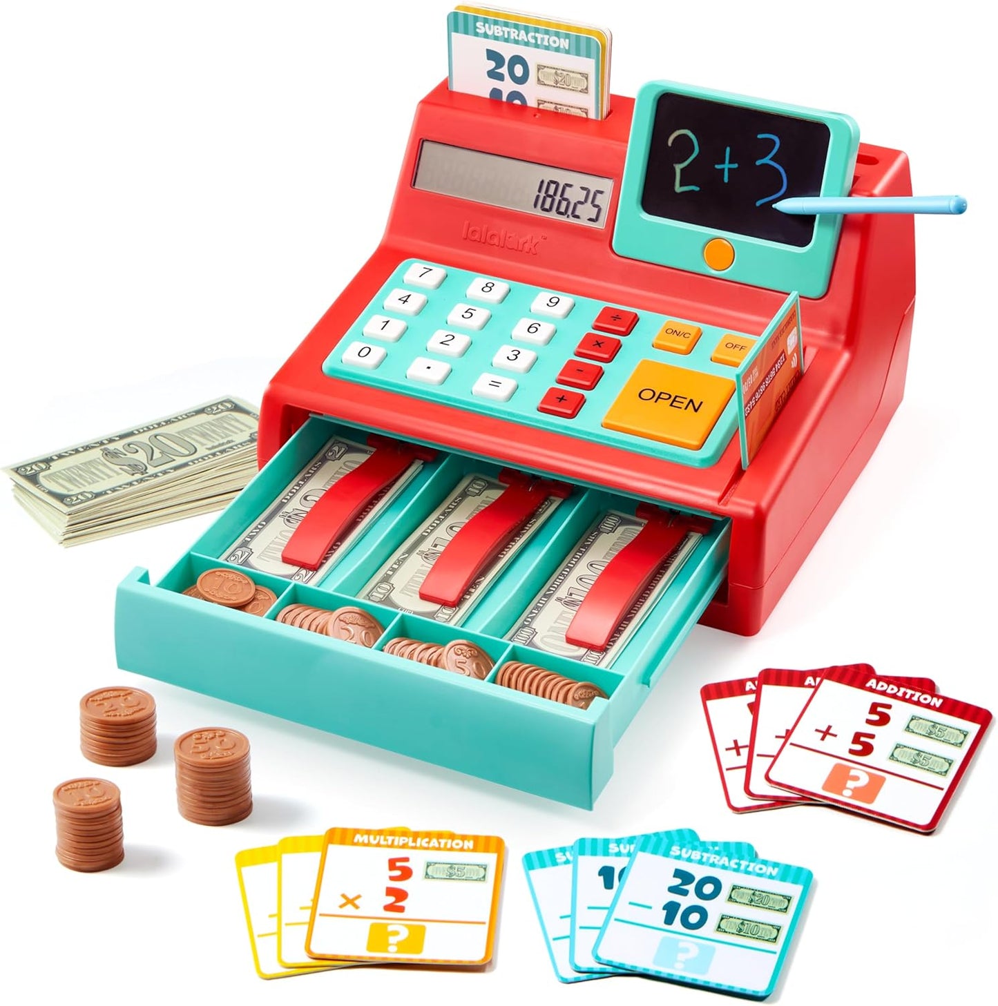 Lalalark 105 Pcs Cash Register Playset, Learning Toy with Sound, Write & Erase Pad, Calculation Flashcard, Play Money & Credit Card, Perfect Christmas/Birthday Gift to Learn Math for Kids Age 3-5.