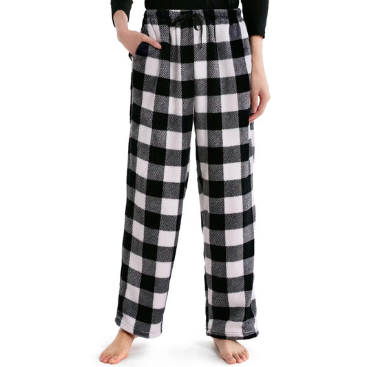 Pajama Pants for Women Sleep Bottoms Soft Flannel Fleece Pajama Bottoms with Pockets Drawstring S/M/L/XL/XXL/3XL Sleep Lounge Black & White Plaid