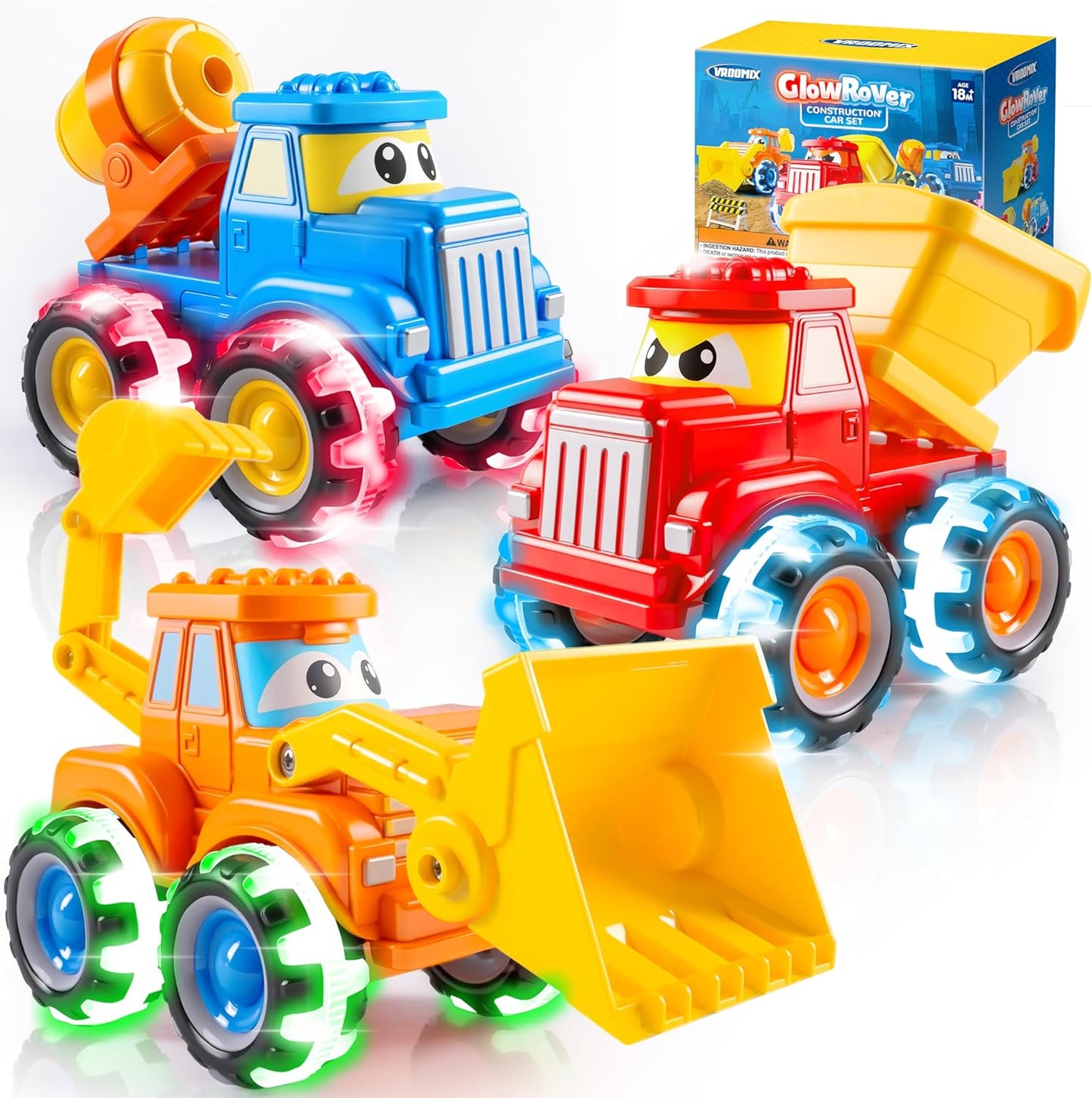 VROOMIX 3 Pack GlowRover Monster Truck Toys ,LED Light Up Wheels - Bullldozer, Dump & Concrete Mixer Truck, Grat Christmas and Birthday Gift for Toddler 18+ Month