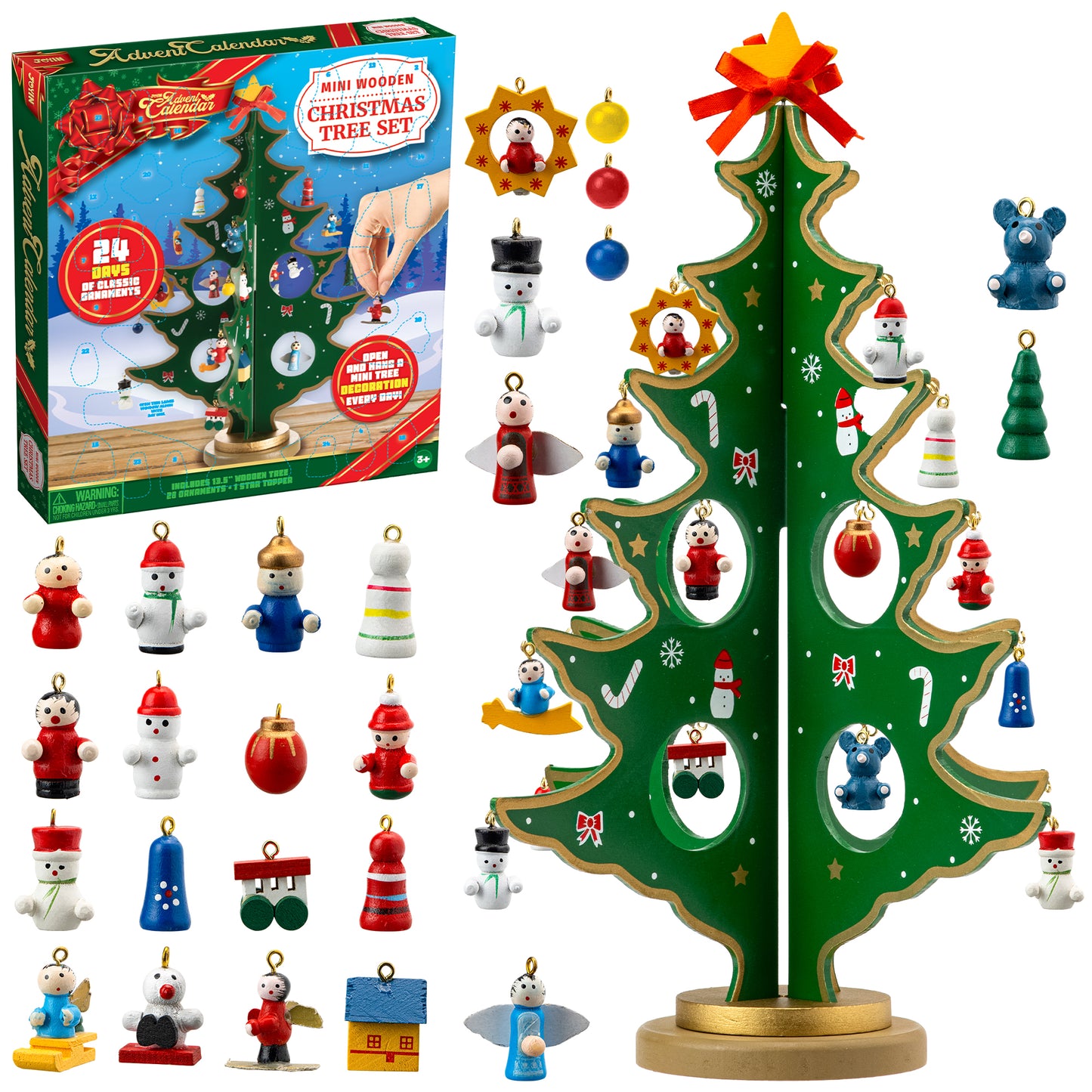 SYNCFUN Christmas Countdown Advent Calendar 2024 with a Tabletop Wooden Christmas Tree and 28 Ornaments Snowman Santa Decorations for Kids