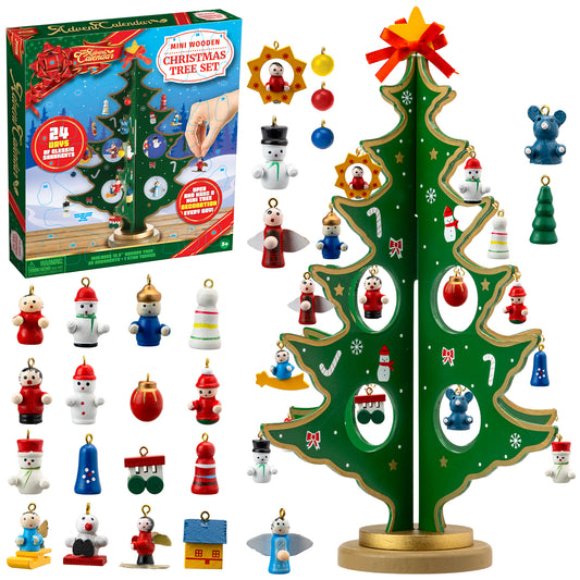 SYNCFUN Christmas Countdown Advent Calendar 2024 with a Tabletop Wooden Christmas Tree and 28 Ornaments Snowman Santa Decorations for Kids