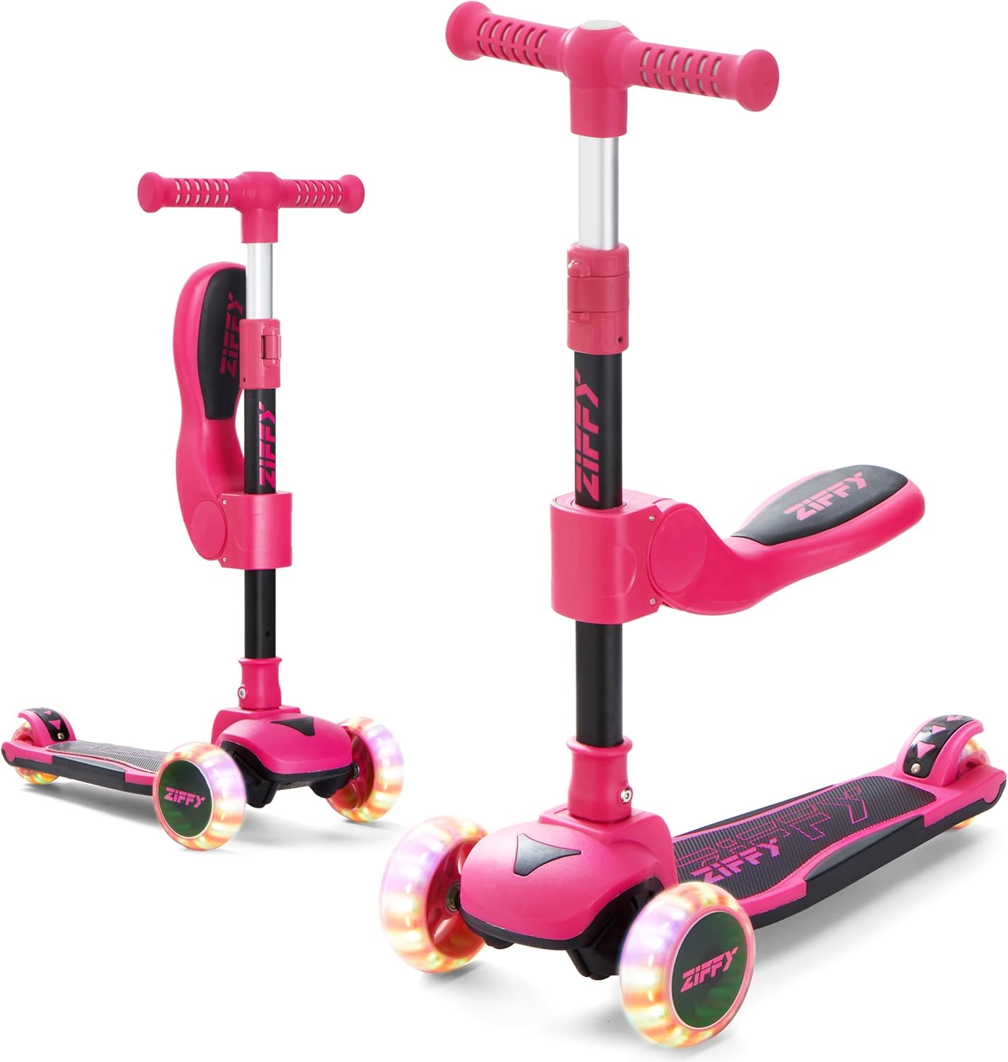 ZIFFY 2-in-1 Toddler Scooter with Seat, 3 Wheel LED Lights Kids Scooter,Adjustable Height Handlebars and Foldable Seat, Anti-Slip Wide Deck Ride with 20 Dynamic LED Lights ,Gift for Boys and Girls,