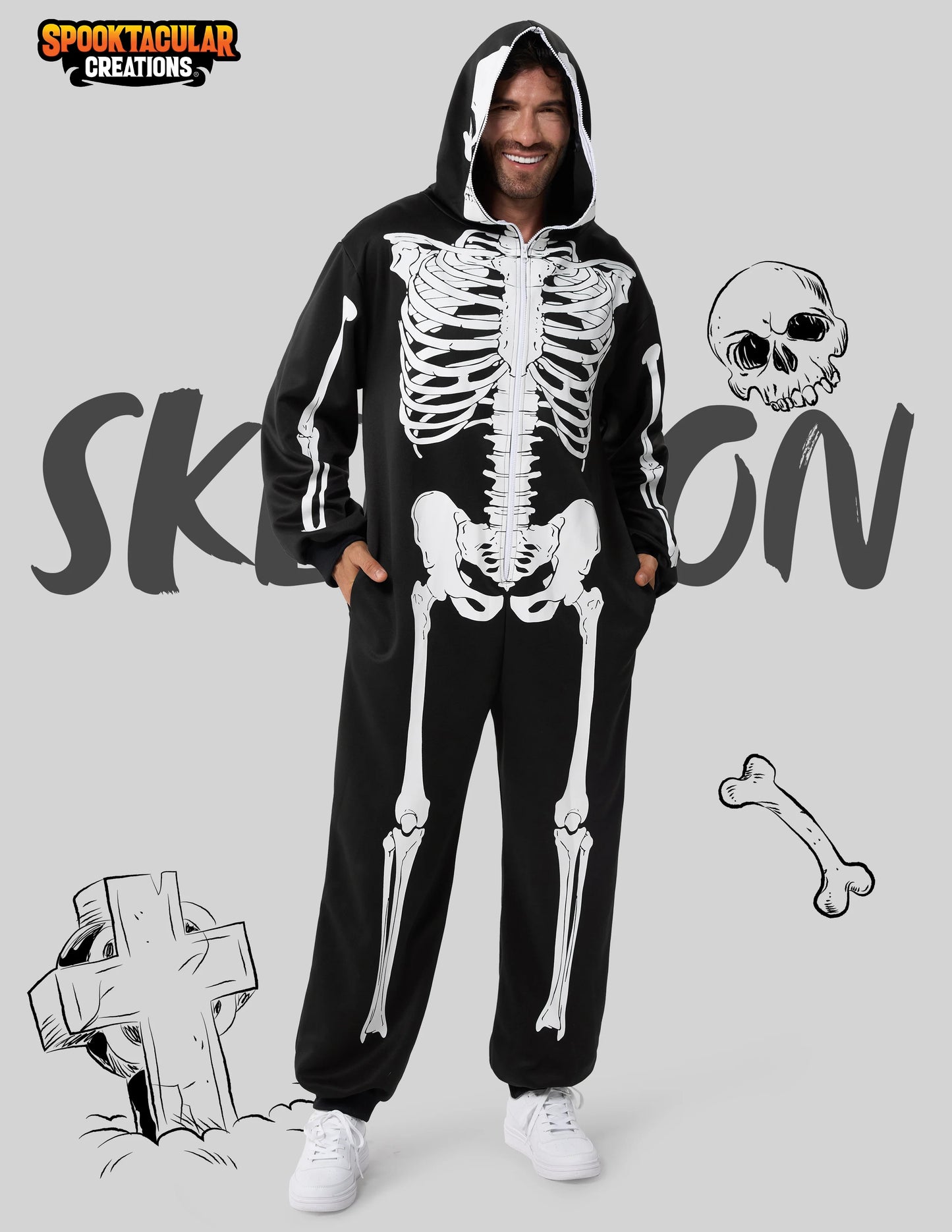 Joyfy Halloween Adult Men's Skeleton Costume, Plush Skeleton Pajamas Zipper Onesie Costume for Halloween Theme Party