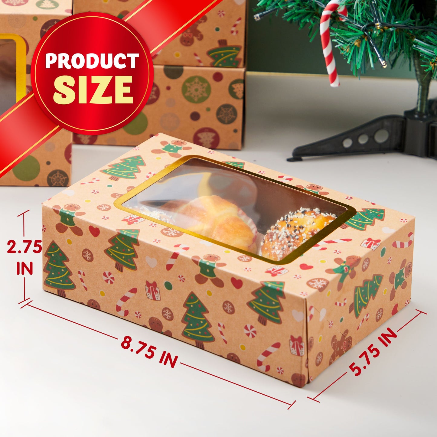 Joyfy 24 Pcs Christmas Foil Cookie Boxes with Window 8.75" x 5.75" x 2.75”Bakery Treat Gift Box for Pastries, Cupcakes, Cookies, Brownies, Donuts Gift Giving