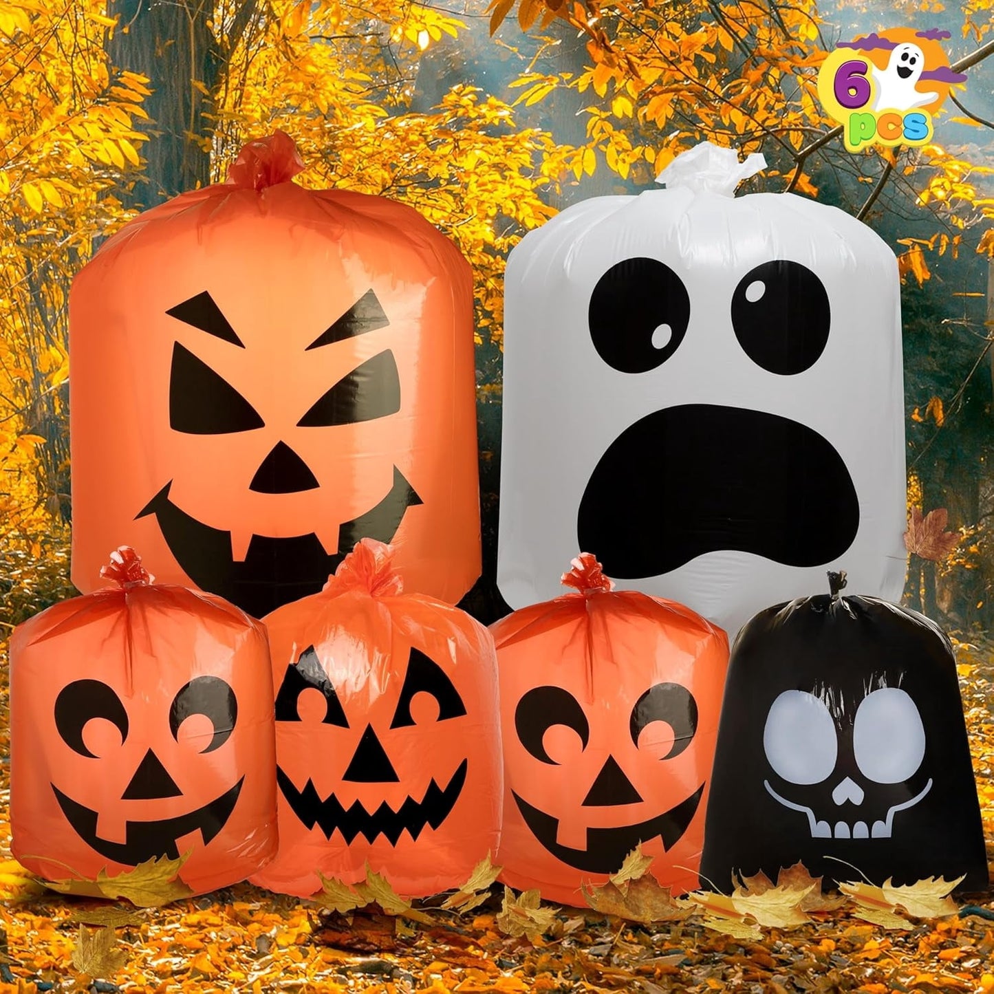 Joyfy 6 Pcs Halloween Pumpkin Leaf Bags, Plastic Lawn Bags for Yard Fall Leaf Halloween Decorations, Jack o' Lantern Reusable Trash Bag for Party Favor