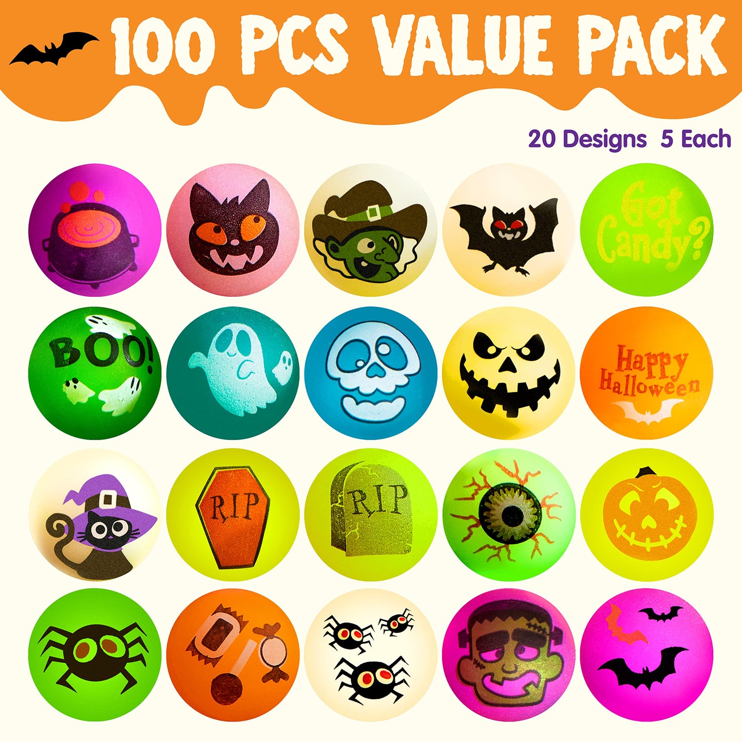 Joyfy 100 Pcs Halloween Bouncy Balls,20 Designs Glow in The Dark Bouncy Balls Halloween Toys for Kids,for Trick or Treaters,Halloween Goodies,Halloween Party Favors