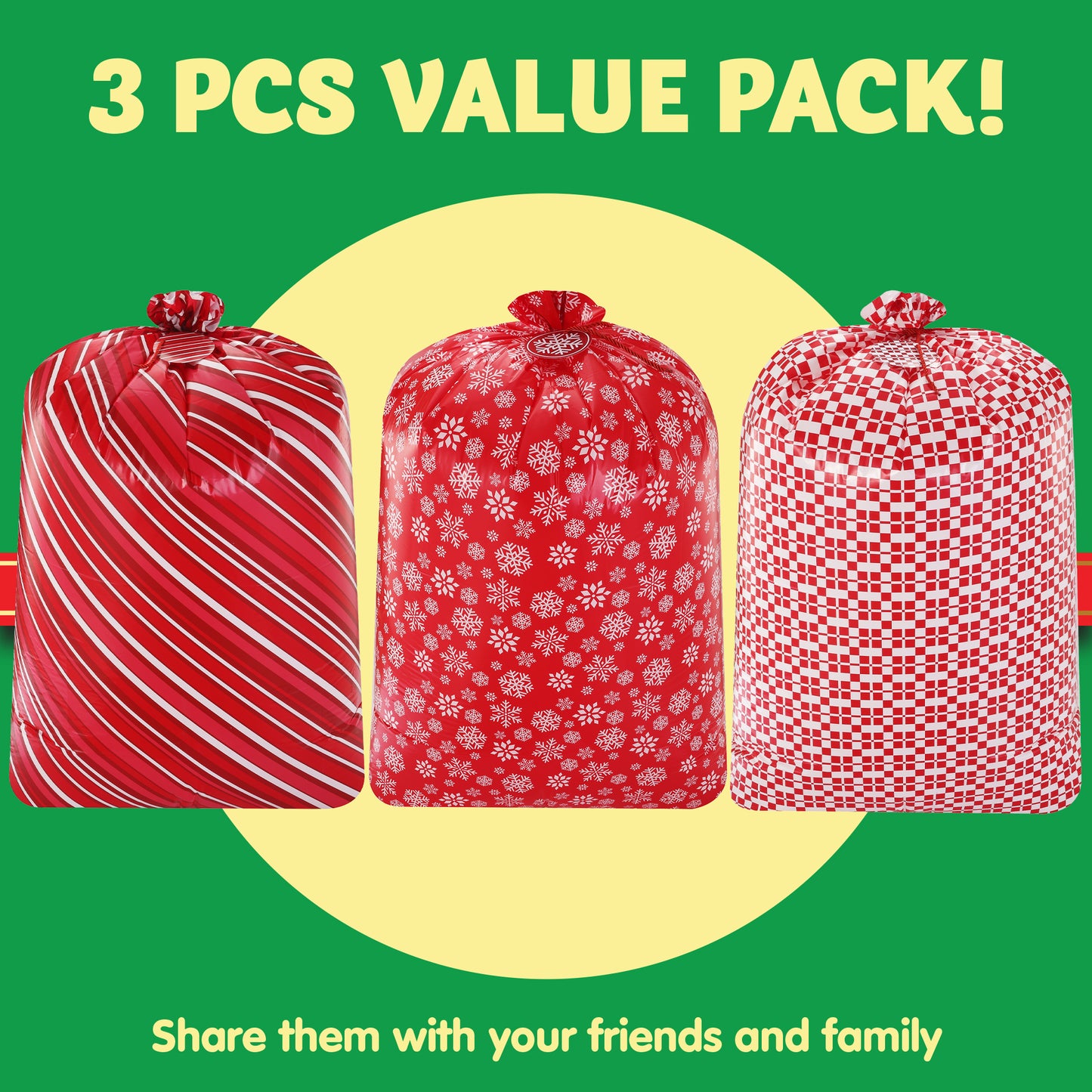 Joyfy 3 Pcs Jumbo Christmas Gift Bags, 56”x36” Red Xmas Large Plastic Gift Bags with Tags for Santa Parties Supplies, Gift Wrapping