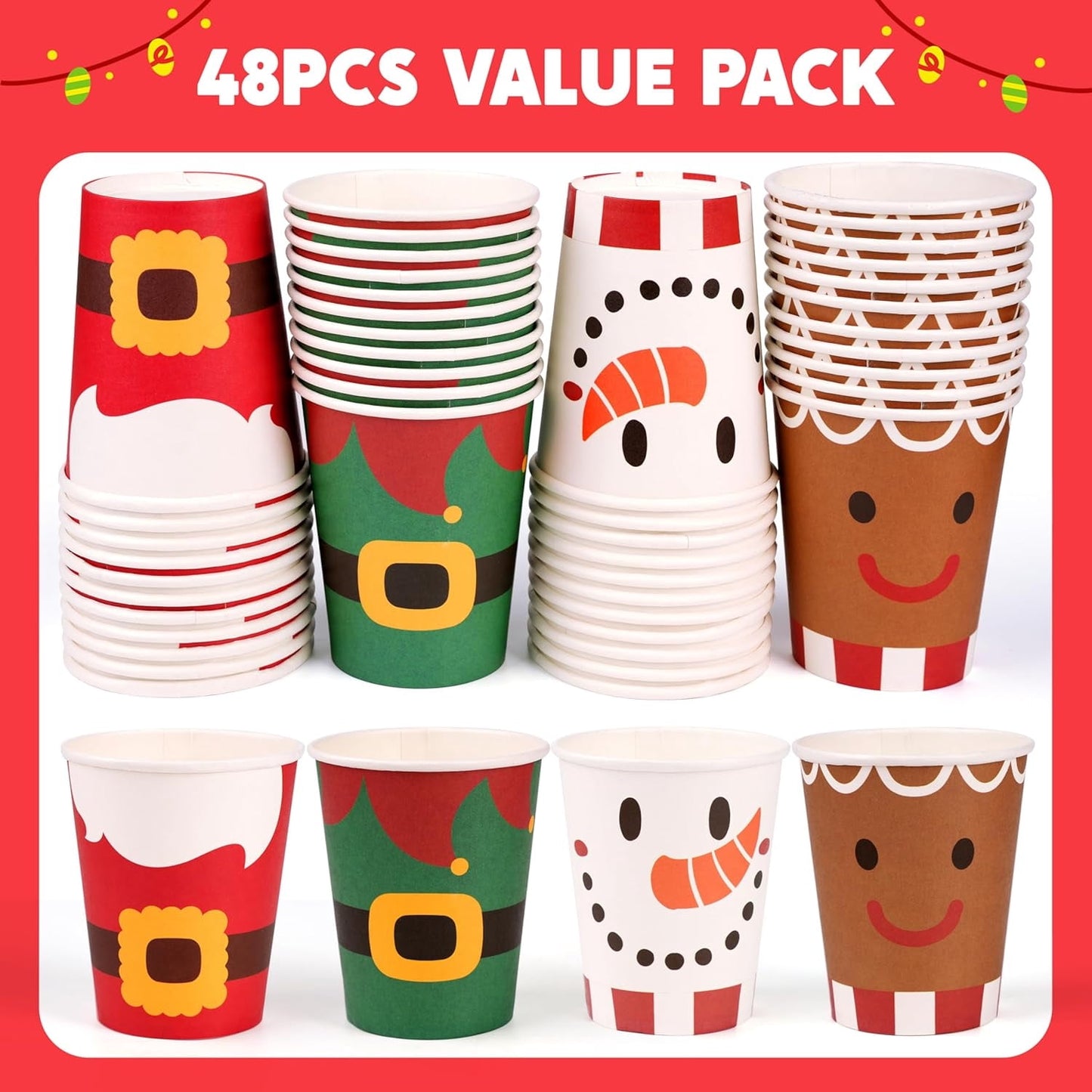 Joyfy 48 Pcs Christmas Paper Cup with Holiday Design, 9 oz Xmas Disposable Dinnerware Cups Party Supplies for Hot and Cold Beverages, Coffee Cups