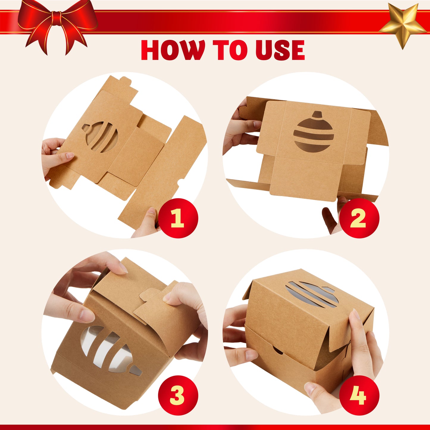 Joyfy 36 Pcs Christmas Cookie Boxes, Brown Kraft Treat Boxes with Window 4" x 4" x 2.5" Bakery Gift Warpping Box for Xmas Holiday Party Favor Pastries, Cupcakes, Cookies Donuts Gift-Giving
