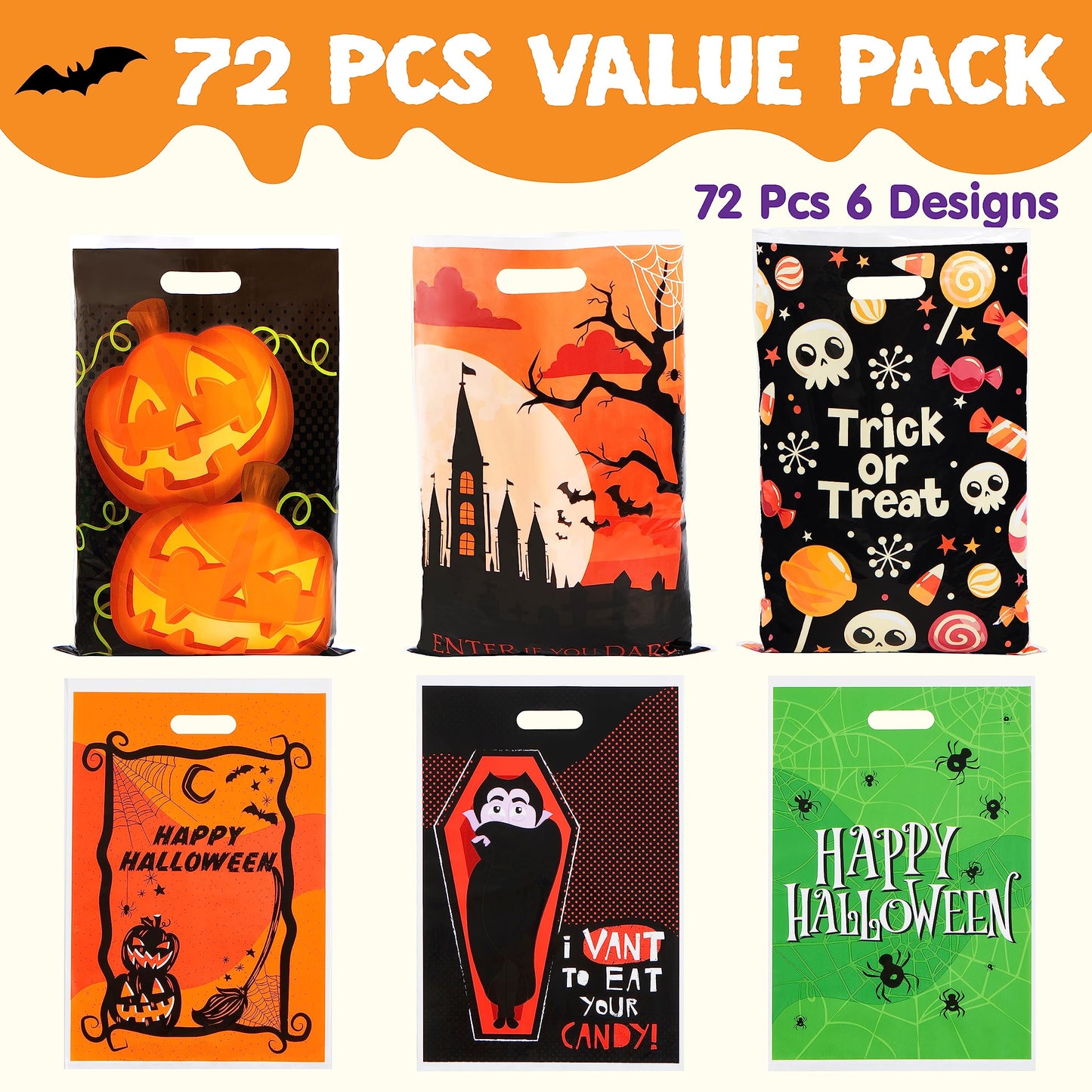 SYNCFUN 72 Pcs Halloween Treat Bags Goodie Bags Plastic Halloween Candy Bags Trick or Treat Creepy Designs Halloween Bags for Kids Trick or Treat,Classroom Goody Bags