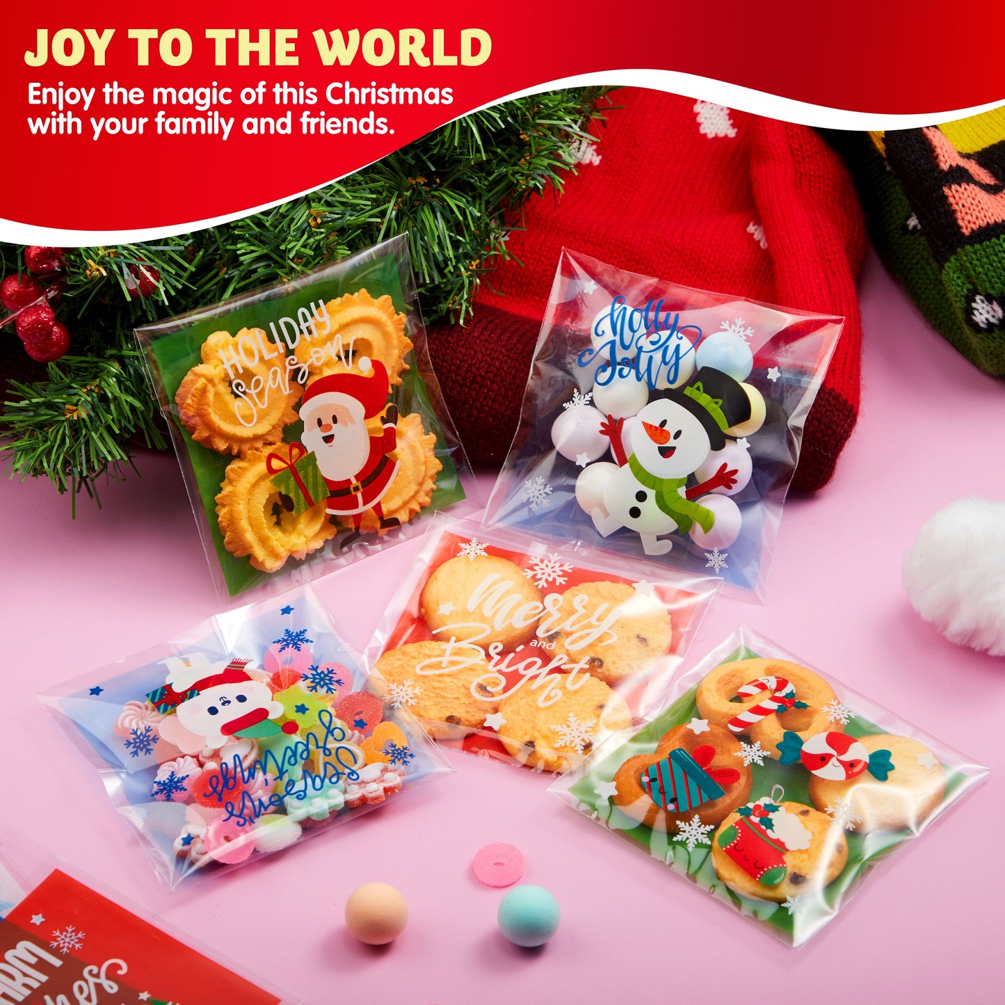 Joyfy 300 Pcs Christmas Cookie Bags Self-adhesive Candy Bags Plastic Cellophane Treat Bags for Holiday Treats, Christmas Party Favors Supplies, Cute Christmas Cello Gift Bags, Xmas Goodie Bags
