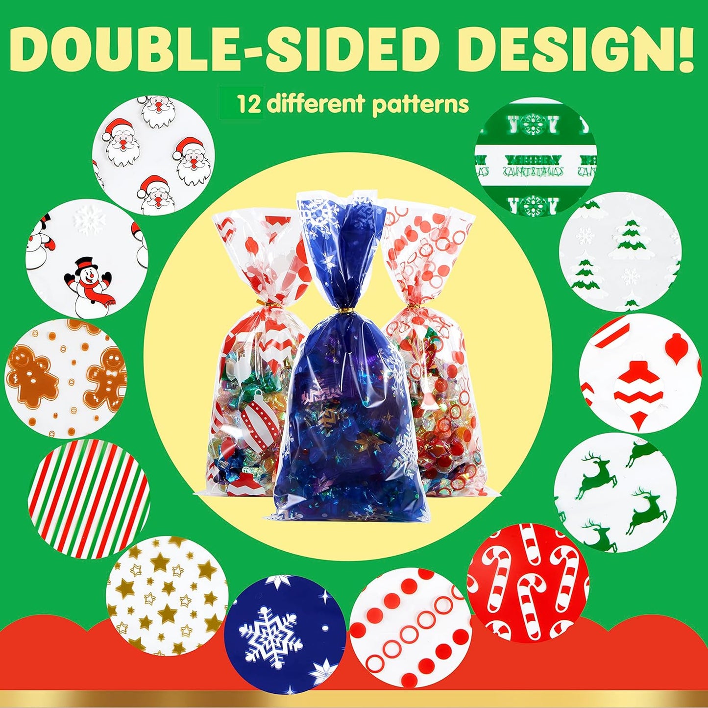 Joyfy 144 Pcs Christmas Cellophane Bags with Ribbon Candy Cookie Bags for Holiday Treats, Christmas Party Favors Supplies, Christmas Clear Cello Gift Bags, Xmas Goodie Bags