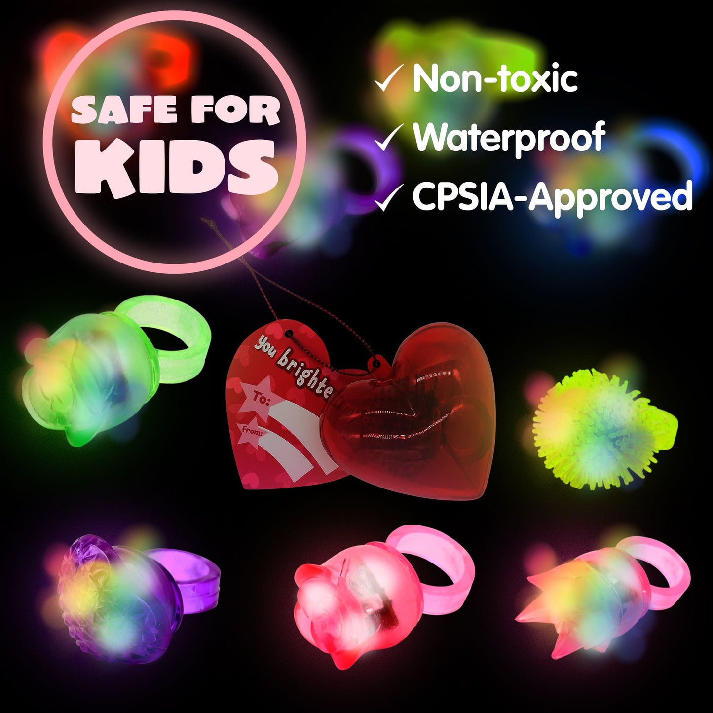 26 Packs Valentines Day Gifts Cards with Light Up Rings Filled Hearts for Kids, Valentine’s Day Glow In The Dark Finger Toys Rings for Boys and Girls Classroom Gift Exchange Game Prizes