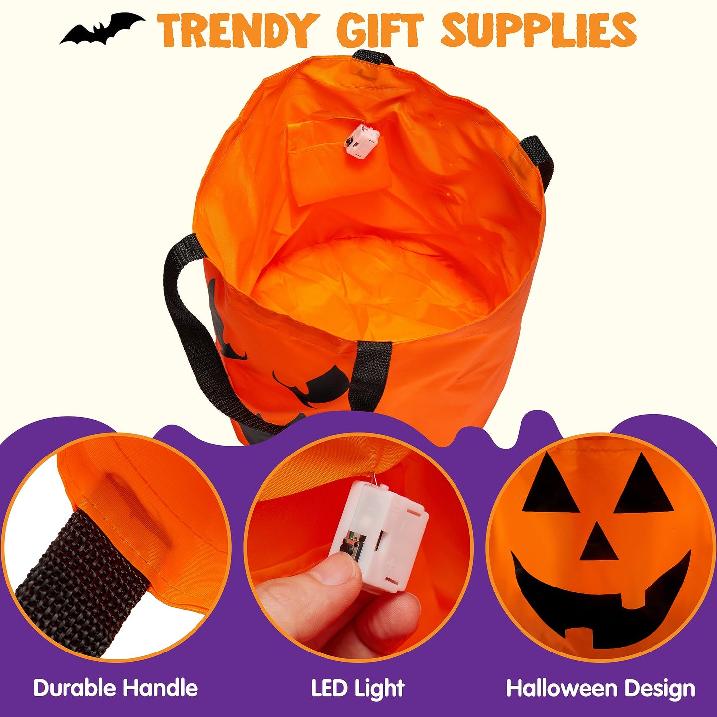 Joyfy 2 Pcs Halloween Candy Bag,LED Light Pumpkin Candy Buckets for Kids,Halloween Trick or Treat Bucket with Pumpkin Smile Face for Halloween Party Favors Goodie Bags