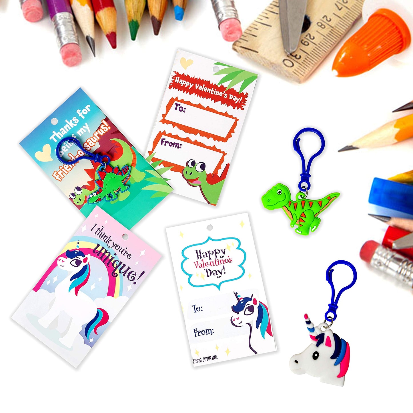 56 pcs Valentines Day Toys Set (28 Keychain and 28 Cards), Valentines Cards with Unicorn Dinosaur Gift Set for Kids, Valentines Classroom Exchange Cards