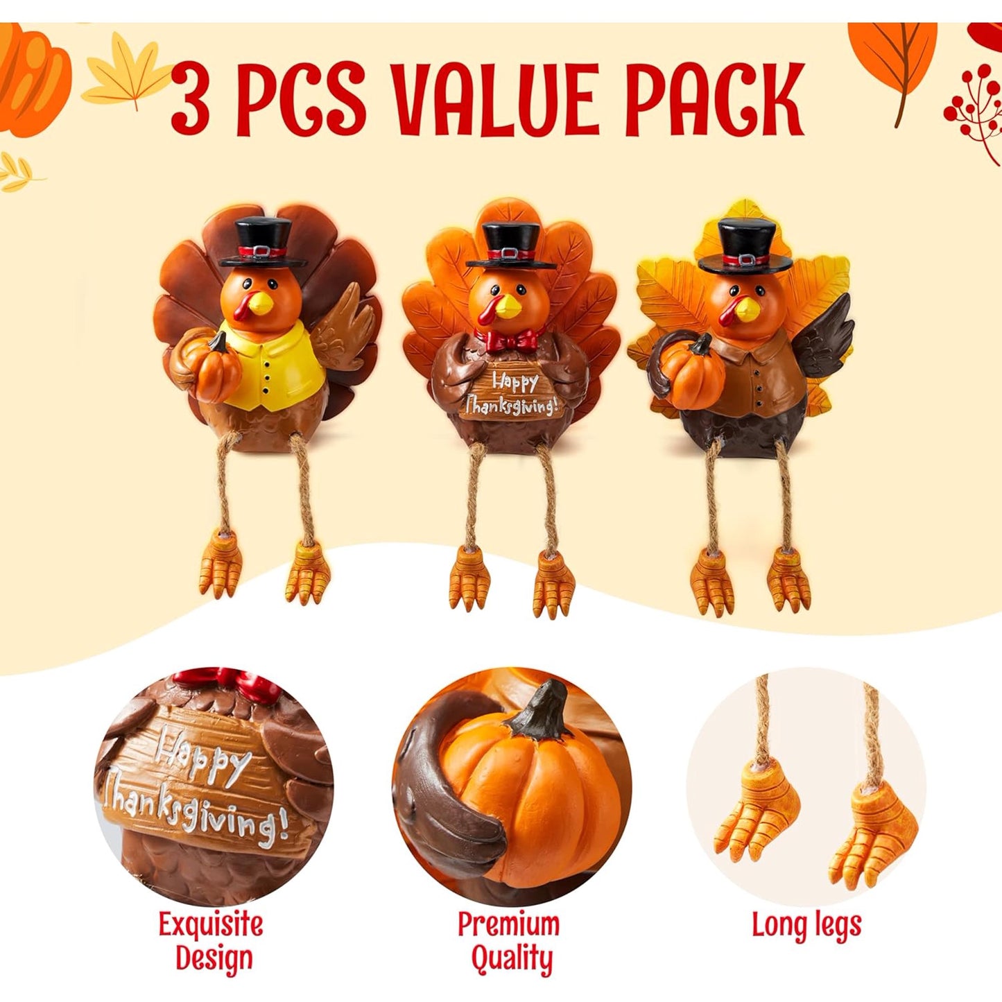 Joyfy 3 PCS Thanksgiving Turkey Tabletop Centerpiece Decor, Resin Turkey Figurines,Thanksgiving Decoration, Autumn Decor,Thanksgiving Fall Harvest Home Decorations,Indoor Kitchen Décor