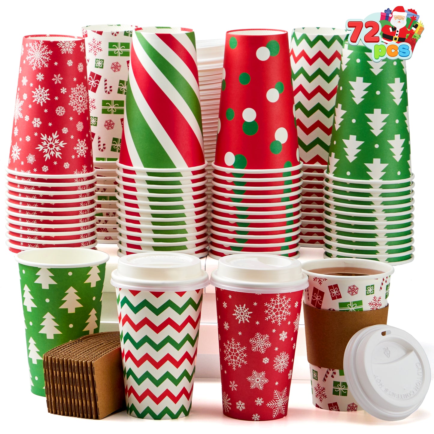 Joyfy 72 Pcs Christmas Disposable Paper Cups, 16 oz Xmas Dinnerware Cups With Cup Sleeves and Lids, 6 Designs Hot/Cold Beverages Tableware for Holiday Party Supplies