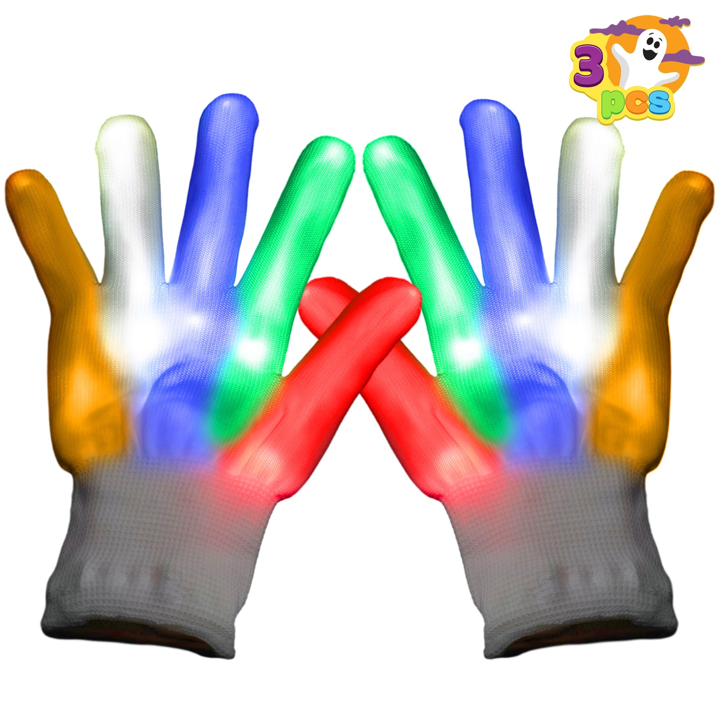 JOYIN 3 Pack LED Gloves for Kids,Flashing Finger Light Up Gloves Cool Glow Gloves with 3 Lighting Modes,Glow in the Dark Gloves for Kids Halloween Party Favors,Halloween Costume Accessories
