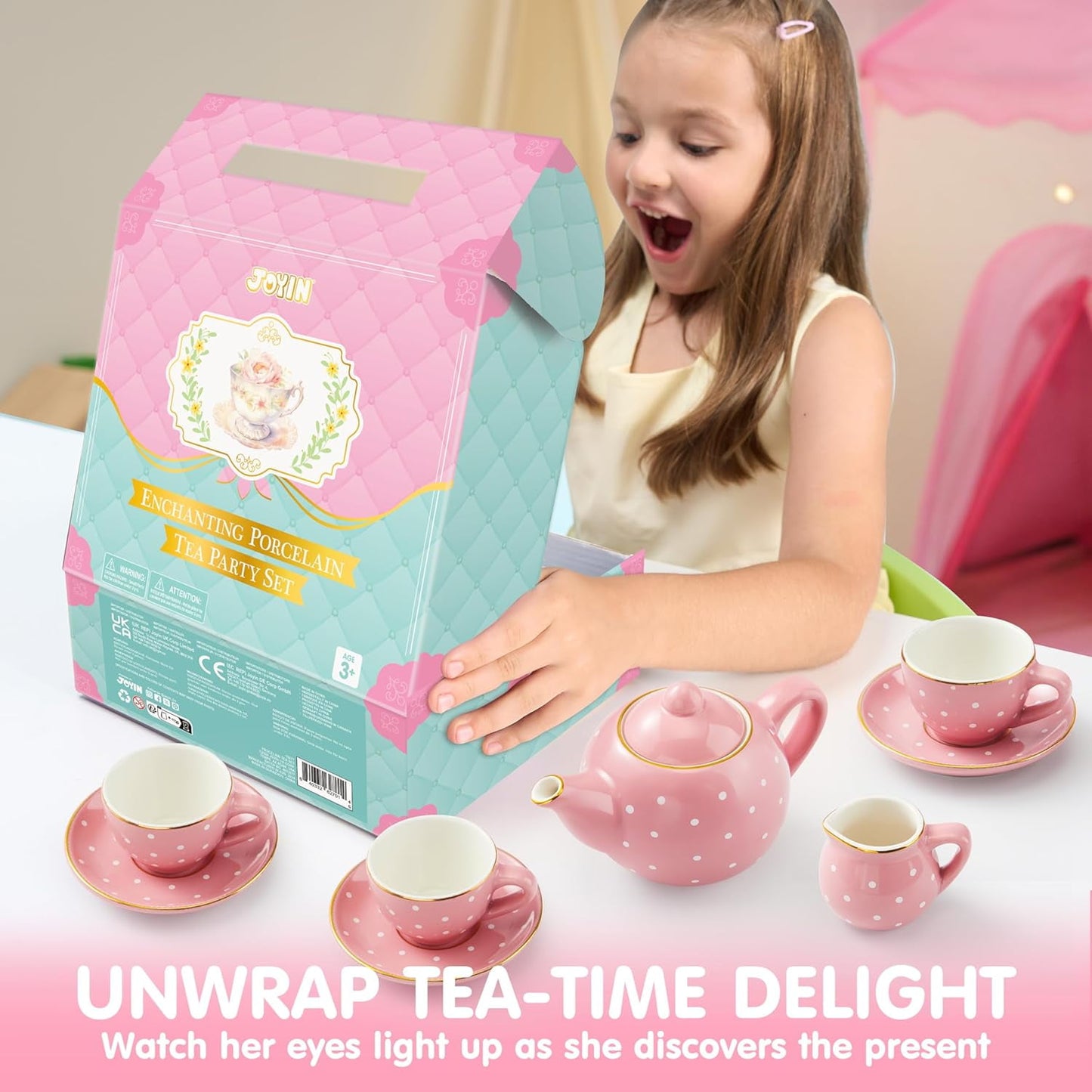 Porcelain Tea Set for Girls, 13 PCS Pink Childs Tea Party Set, Pretend Play Toys with Teapot, Cups, Saucers & Carrying Case, Ideal for Toddlers Kids Christmas Birthday Gifts Ages 3 4 5