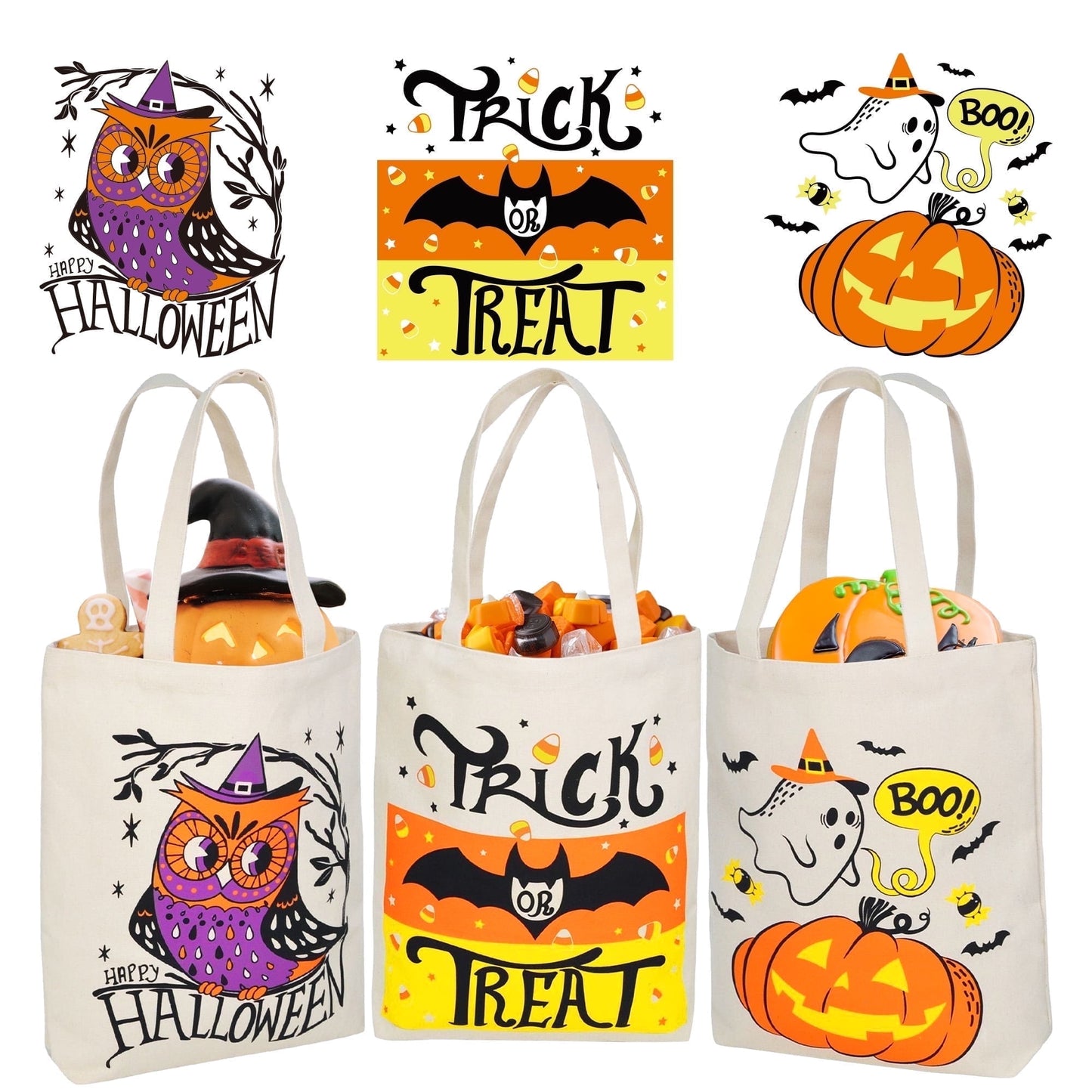 Joyfy 3 Pcs 13.75 Halloween Trick or Treat Bags with Handles, Reusable Canvas Gift Bag for Party Favor Supplies,Halloween Bags for Kids