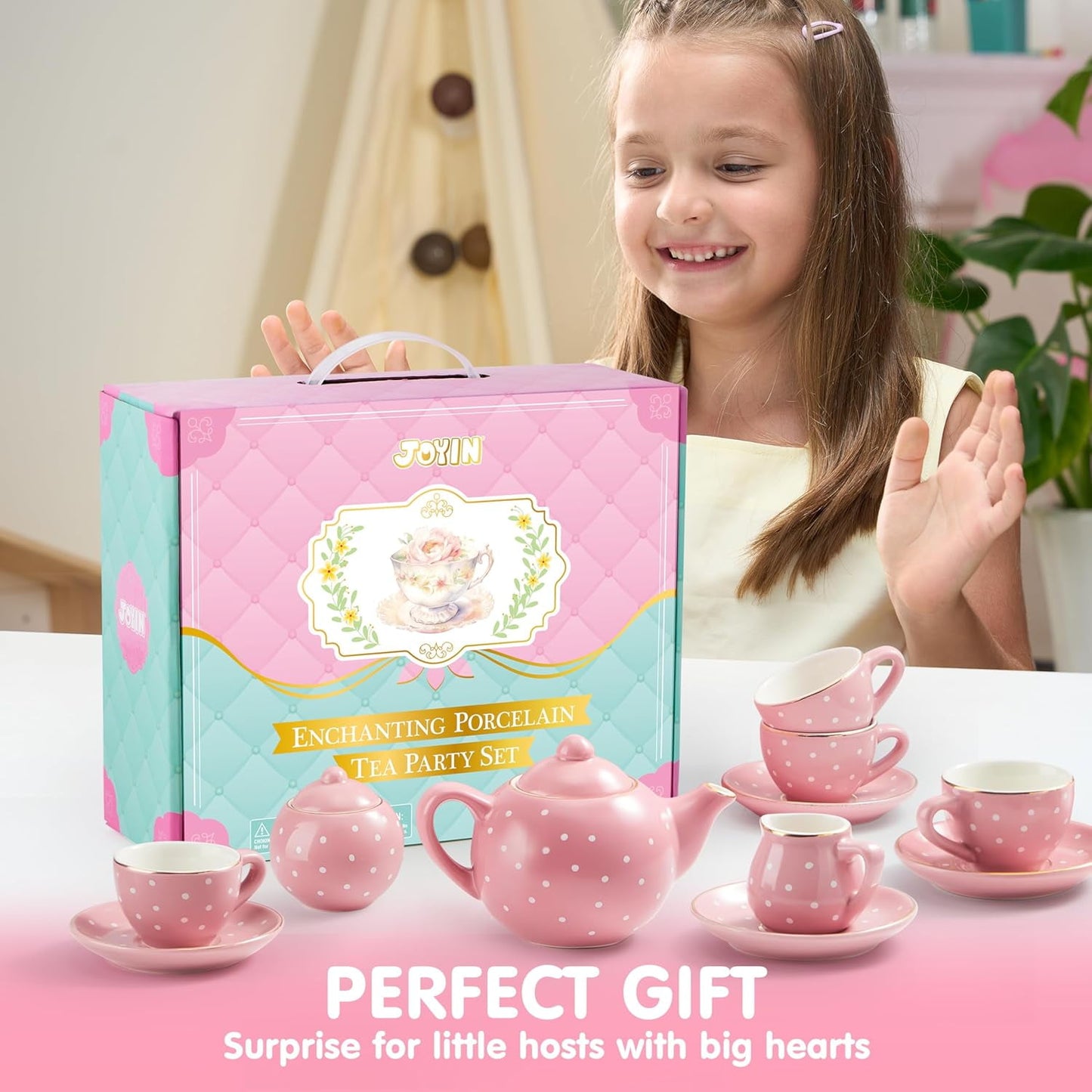 Porcelain Tea Set for Girls, 13 PCS Pink Childs Tea Party Set, Pretend Play Toys with Teapot, Cups, Saucers & Carrying Case, Ideal for Toddlers Kids Christmas Birthday Gifts Ages 3 4 5