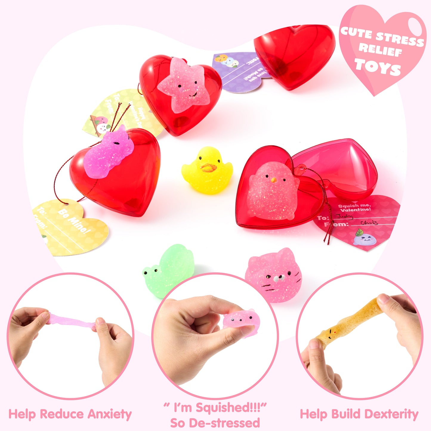 28 Packs Gift Cards with Glitter Mochi Squishy Toys, Stress Relief Fidget Toys, Cute Squeeze Toys for Kids Valentine’s Party Favor, Classroom Exchange Prizes, Exchange Gifts and Greeting Cards