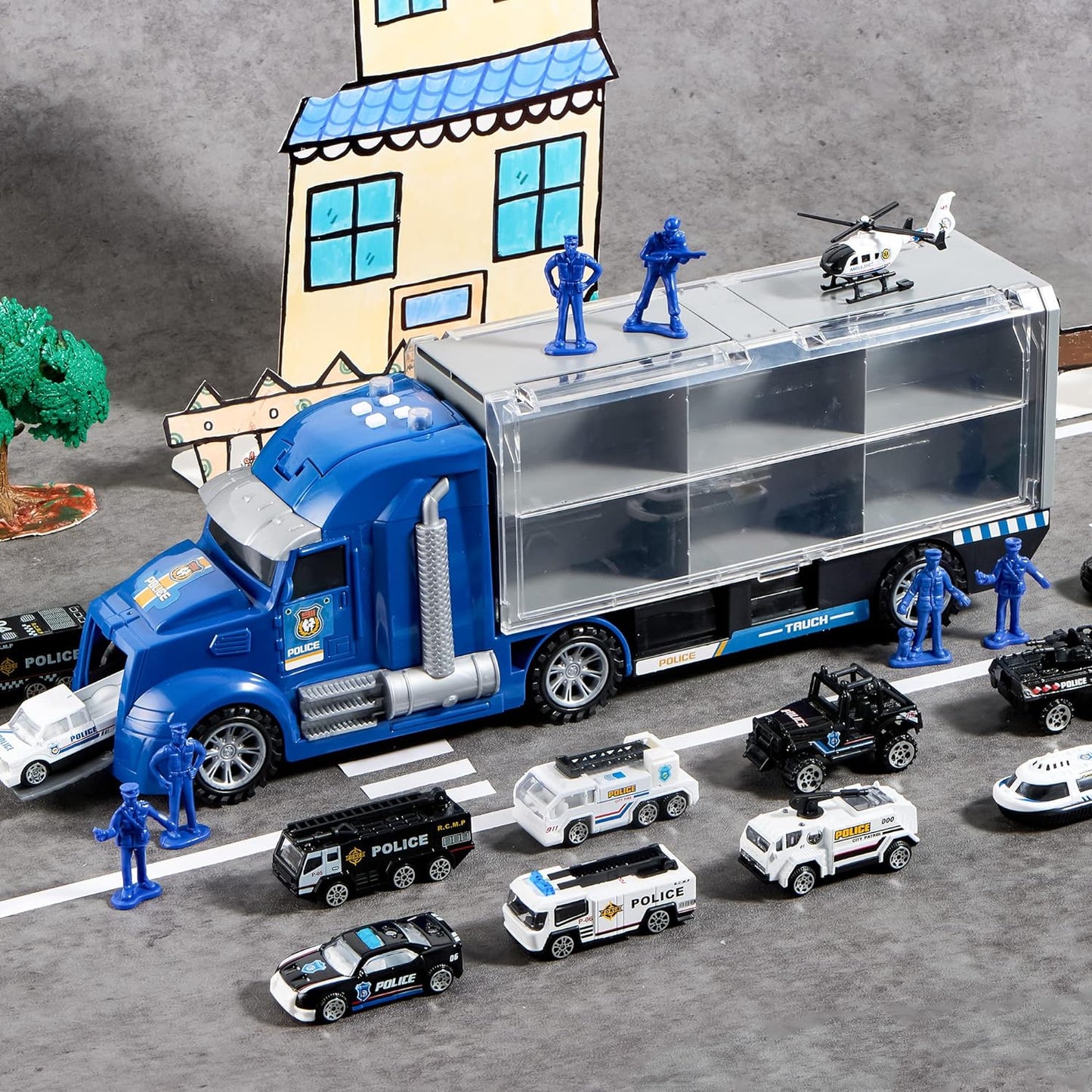 Syncfun 25 in 1 Die-cast Police Rescue Truck Car Toy Set with Sounds and Lights, Mini Police Vehicles in Carrier Truck, Play Police Patrol Rescue Vehicle Toy, Birthday Gifts for Over 3 Years Old Boys