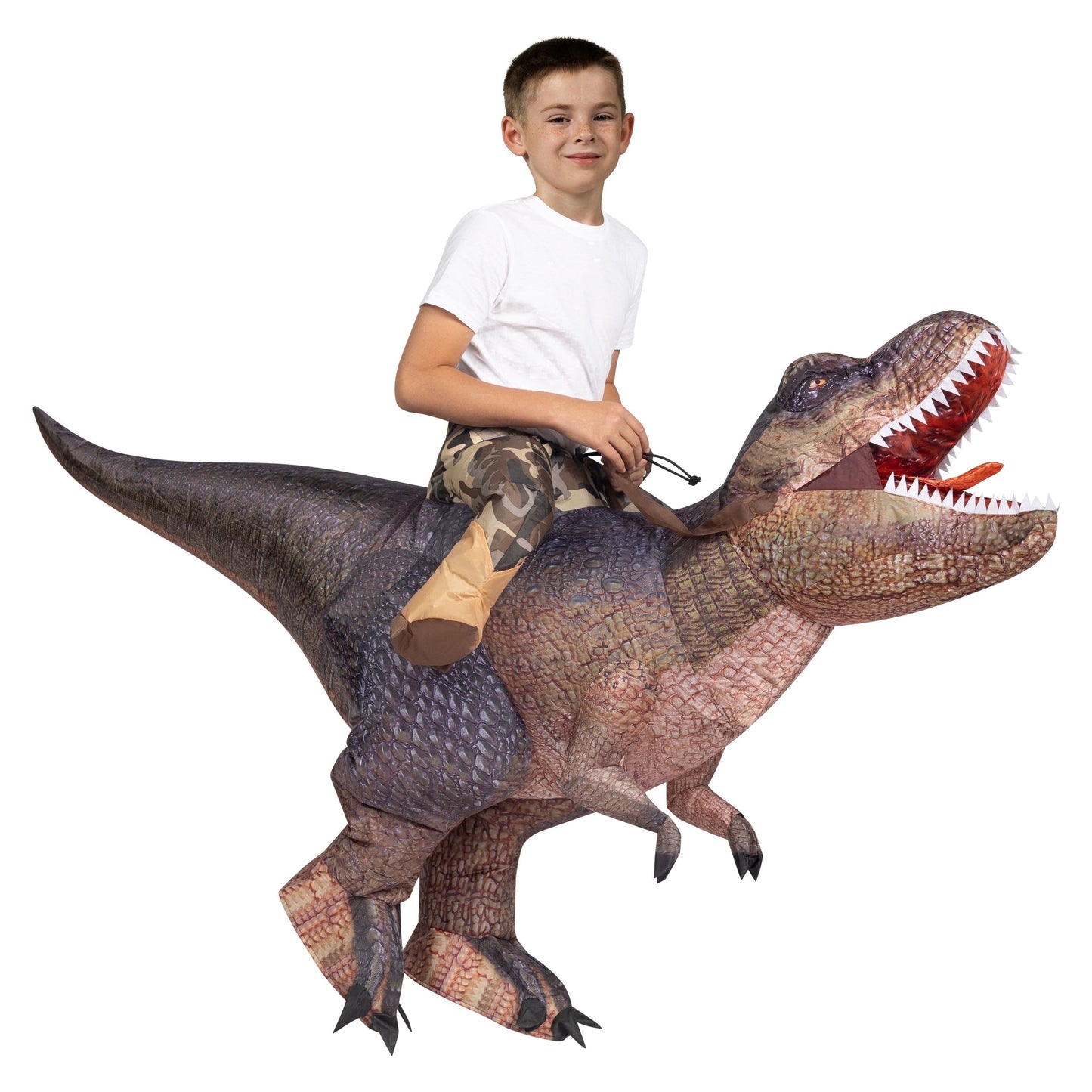 Joyfy T.Rex Inflatable  Costume for Kids, Brown Digital Printed Ride-On Dinosaur Costume for Halloween Party