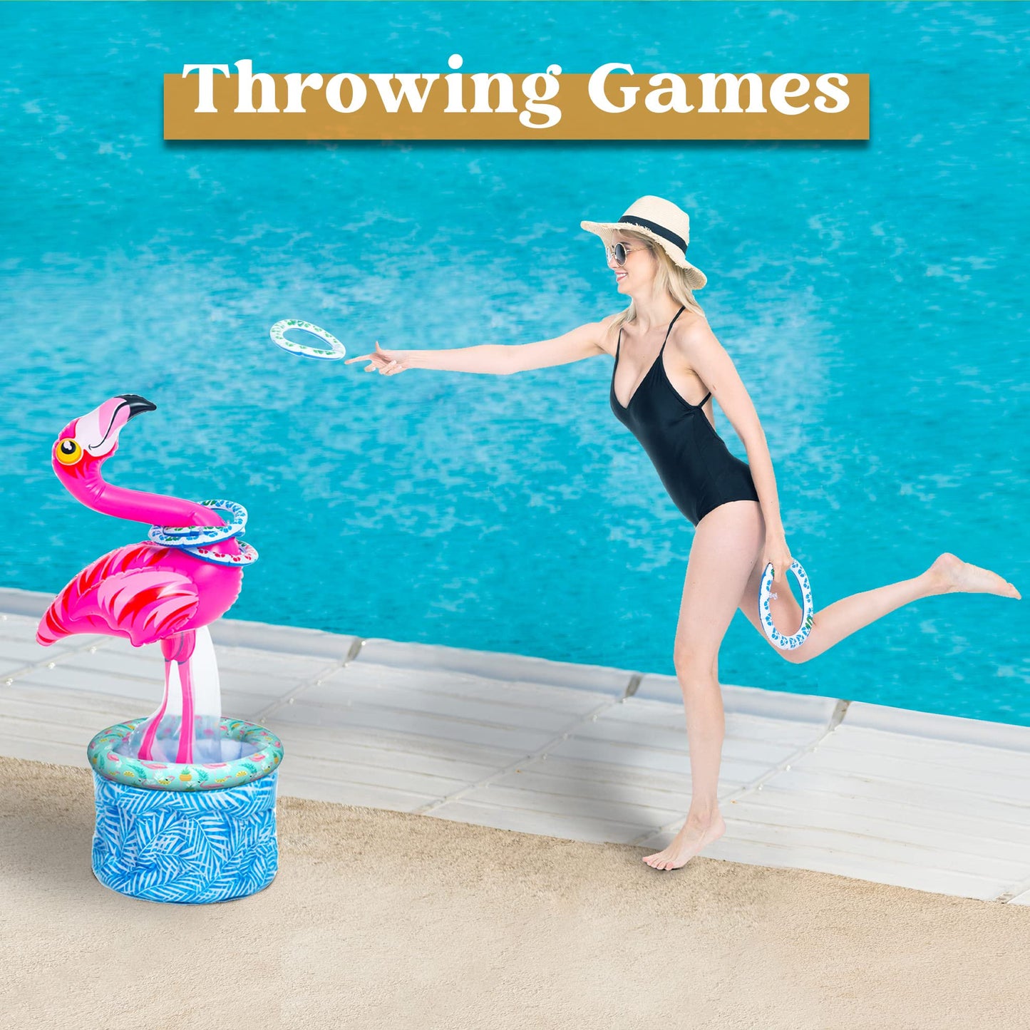 JOYIN 50" Inflatable Flamingo Cooler 2 In 1 Ring Toss Game, Beverage Drink Containers Ice Cooler Indoor Outdoor Picnic Luau Hawaiian Pool Party Decoration