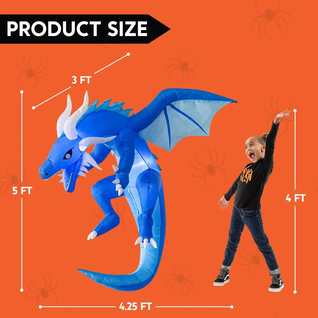 JOYIN 5 FT Halloween Inflatable Ice Dragon,Blue Hanging Flying Dragon Inflatable Halloween Blow Up Yard Decorations Outside Decorations