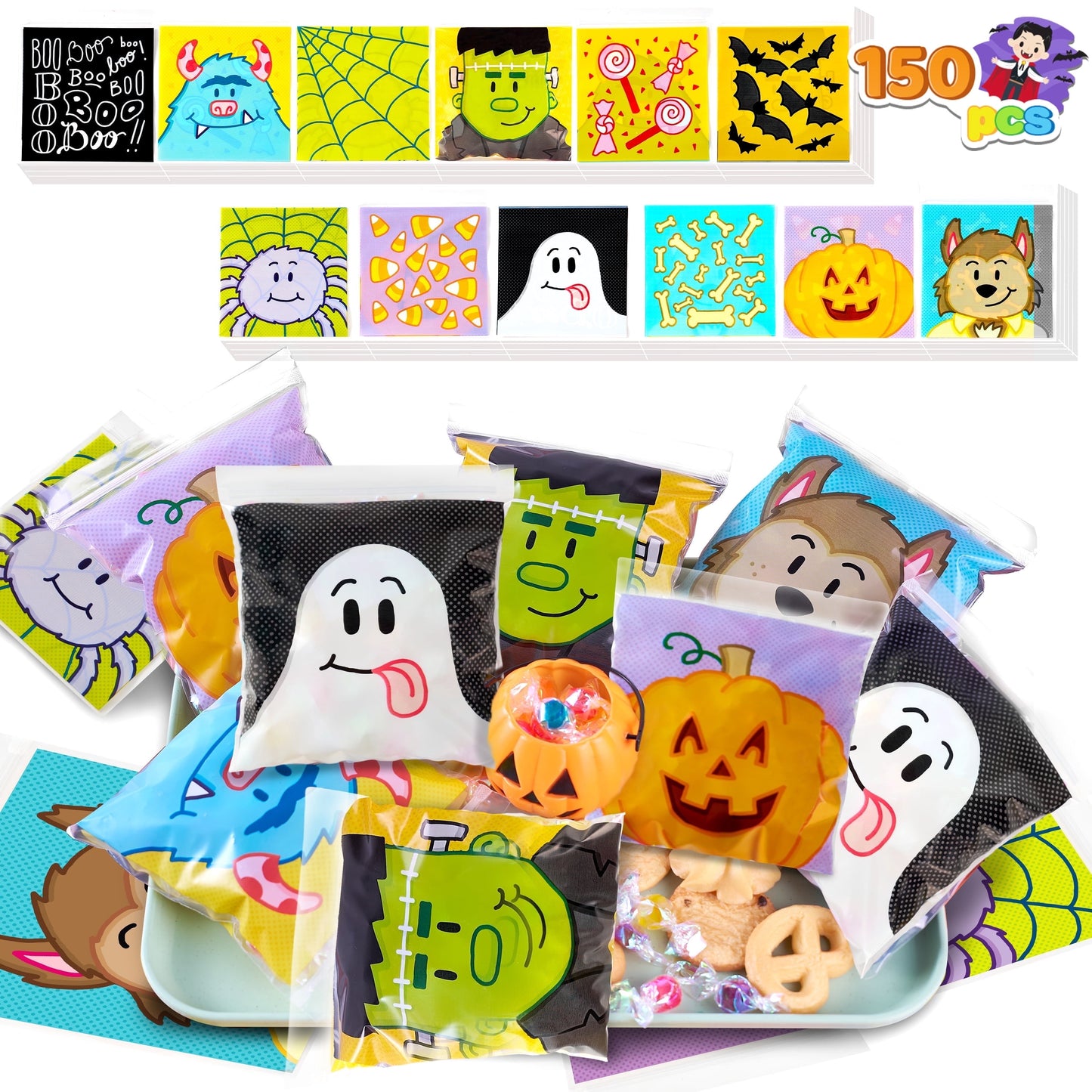Joyfy 150 Pcs Halloween Treat Bags Clear Self Sealing Cellophane Bags Goodie Bags for Snack Cookie Candy,Halloween Gift Trick or Treat Bags,Halloween Party Supplies