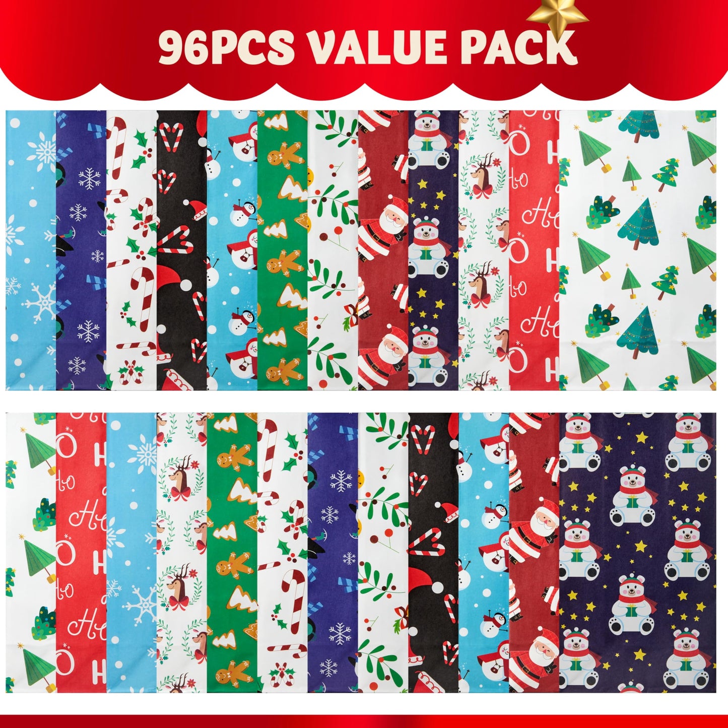 Joyfy 96 Pcs Christmas Holiday Gift Bags, 12 Assorted Christmas Designs Goodie Bags for Classrooms, Party Favors, Small Gift Bags, Kraft Bags and Christmas Craft Bags
