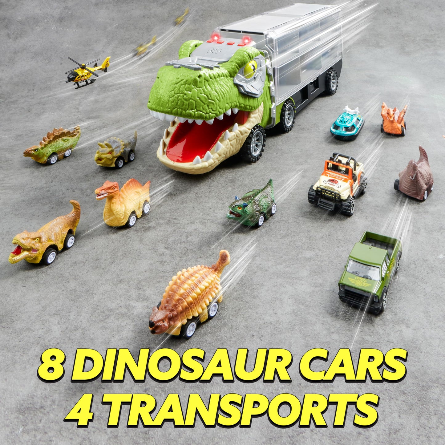 SYNCFUN 13 in 1 Dinosaur Toys, Dinosaur Truck with 12 Pull Back Cars, Dinosaur Cars Set, Birthday Gifts Toys for 3 4 5+ Year Old Boy, Transport Carrier Truck for Toddlers 2-4 Years