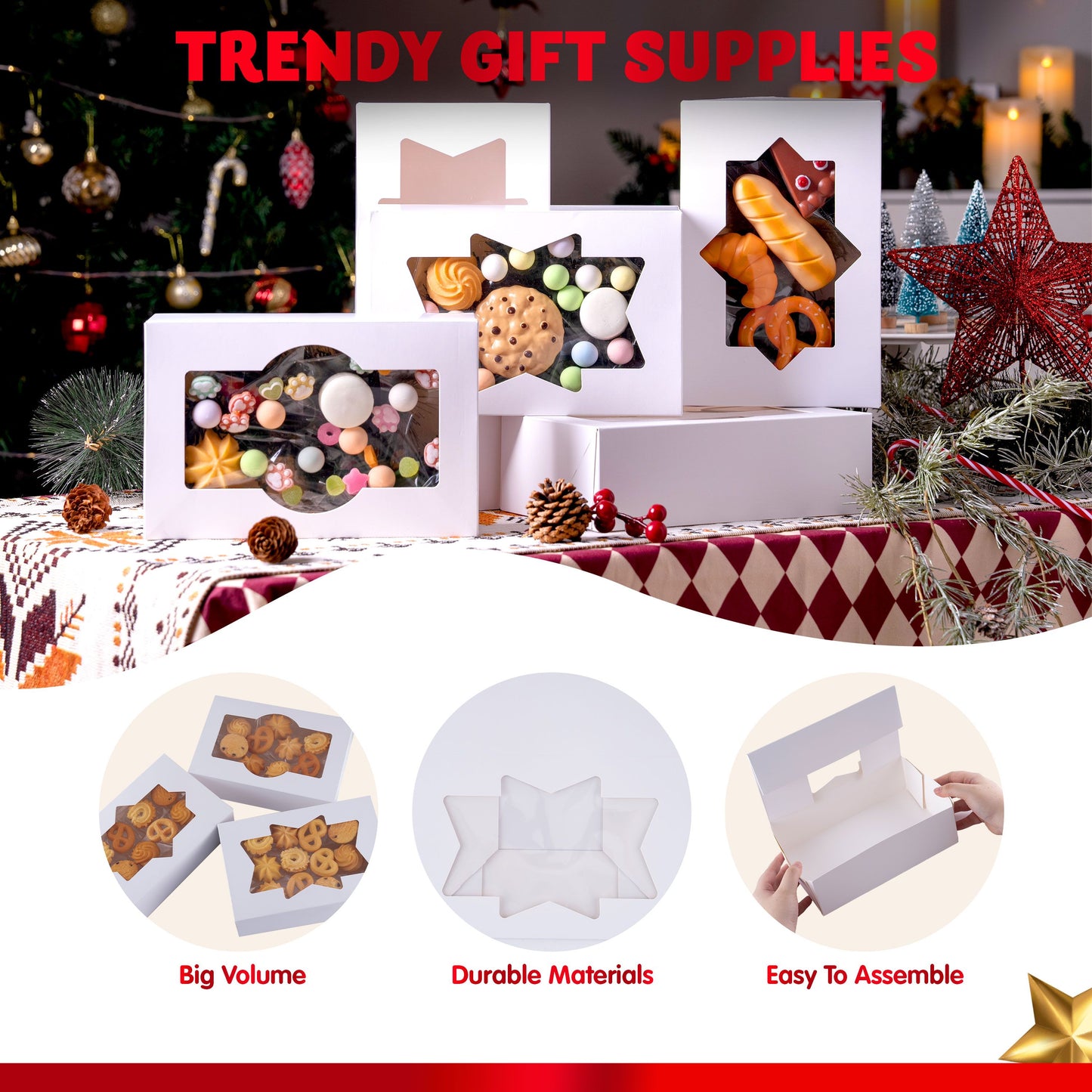 SYNCFUN 12 Pcs Christmas White Cookie Boxes Bakery Treat Gift Box with Window 8.5" x 5.75" x 2.75" for Pastries, Cupcakes, Cookies, Brownies, Donuts Gift Giving